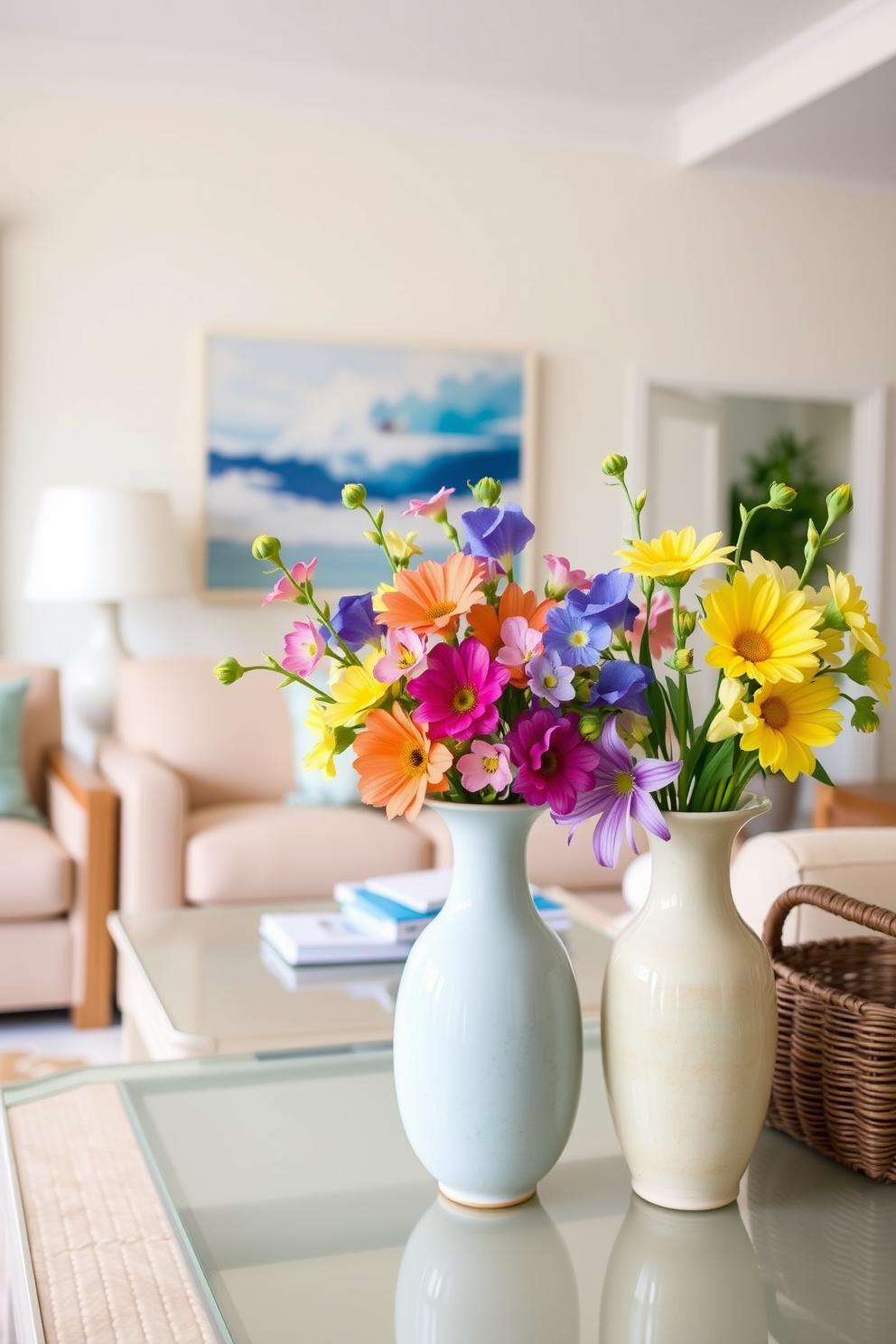 A bright and airy beach-inspired living room features ceramic vases filled with vibrant florals that evoke the colors of the ocean. The room is adorned with soft, sandy beige furniture and light blue accents, creating a serene coastal atmosphere.