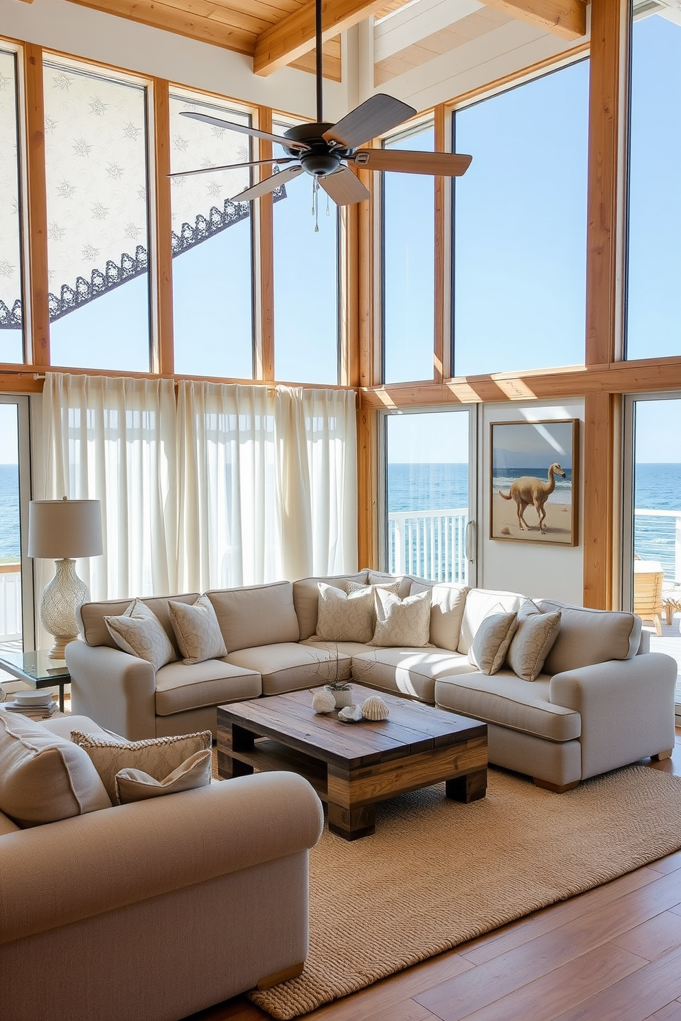 A cozy beach living room features natural wood furniture that adds warmth and texture. Large windows allow ample sunlight to fill the space, complemented by soft, airy curtains that flutter gently in the breeze. The seating arrangement includes a plush sectional sofa in light fabric, paired with a reclaimed wood coffee table. Coastal-inspired decor, such as seashell accents and nautical artwork, enhances the relaxed beach vibe of the room.