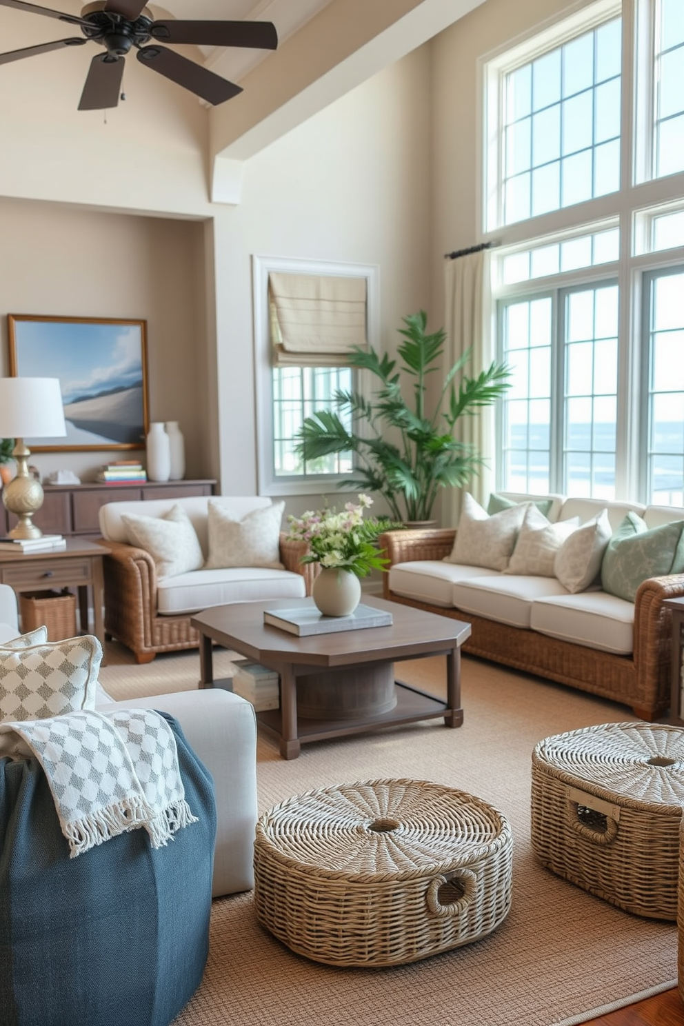 A beach-inspired living room features woven baskets strategically placed around the space for stylish storage solutions. The room is adorned with soft, sandy-colored furnishings and large windows that allow natural light to fill the area, creating a relaxed and inviting atmosphere.