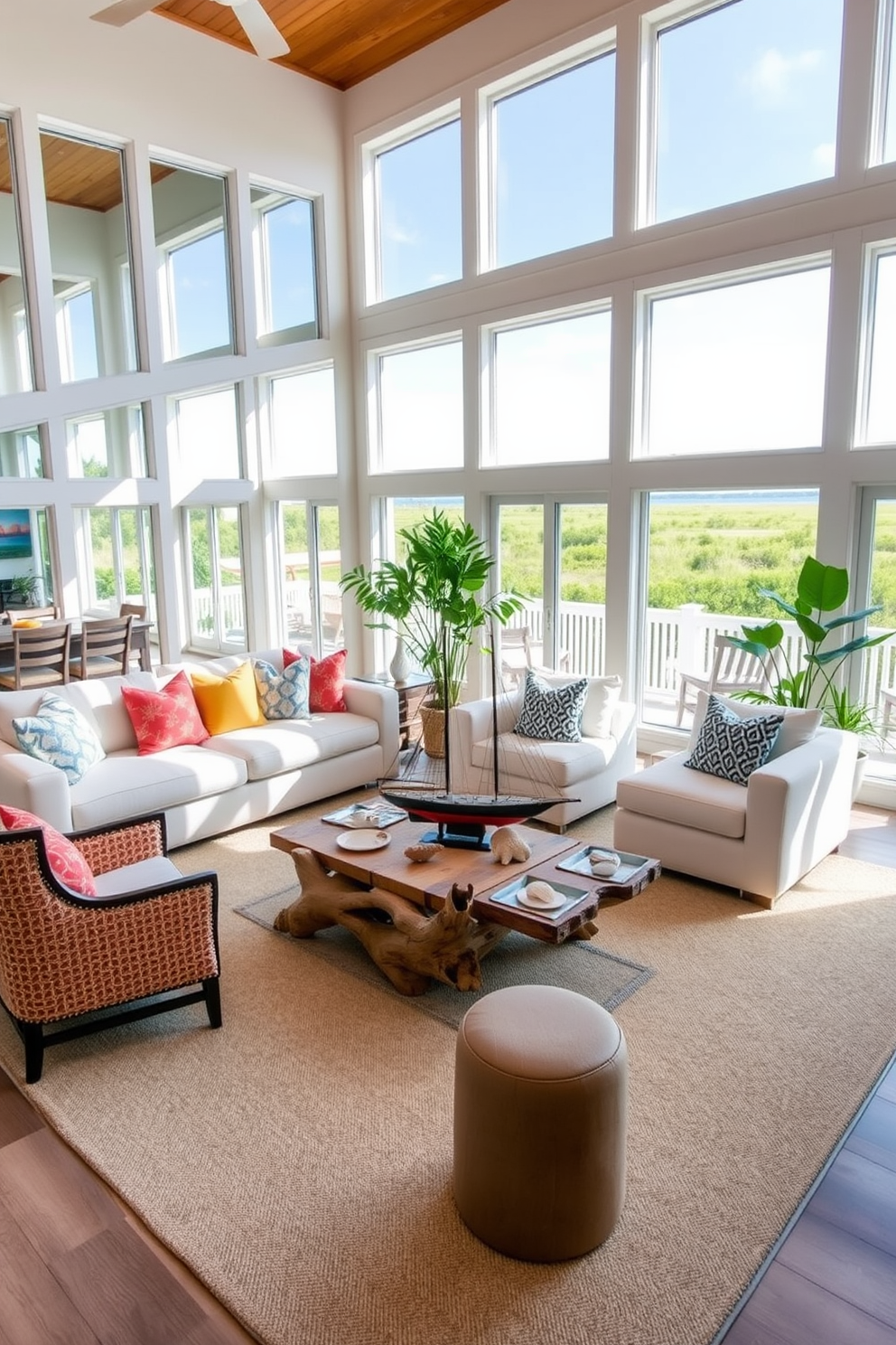 Large windows allow abundant natural light to flood the space, creating an airy and inviting atmosphere. The room features a light-colored sectional sofa adorned with vibrant throw pillows and a large area rug that complements the beach theme. A coffee table made of driftwood sits at the center, surrounded by stylish accent chairs. Nautical decor, such as a ship model and seashells, adds character, while potted plants bring a touch of greenery to the coastal-inspired living room.