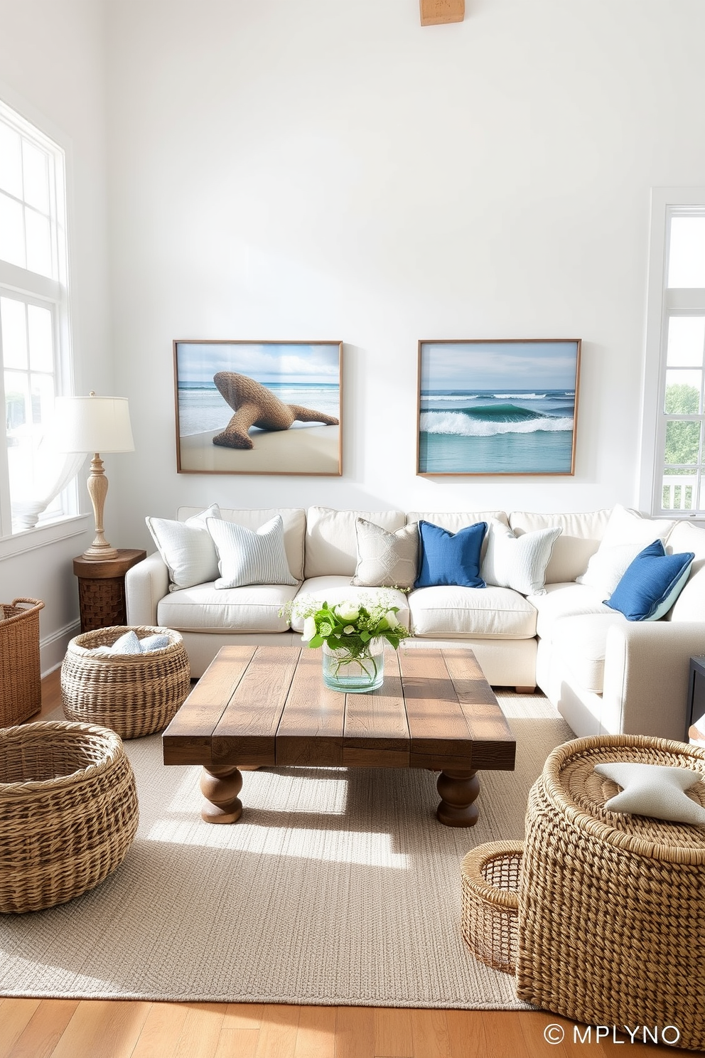 Coastal artwork featuring ocean scenes is displayed prominently in a bright and airy beach living room. The walls are painted in soft white, and natural light floods the space through large windows, highlighting the serene color palette of blues and sandy beiges. A comfortable sectional sofa in a light fabric is adorned with throw pillows in ocean-inspired hues. A rustic coffee table made of reclaimed wood sits at the center, surrounded by woven baskets that add texture and warmth to the inviting atmosphere.