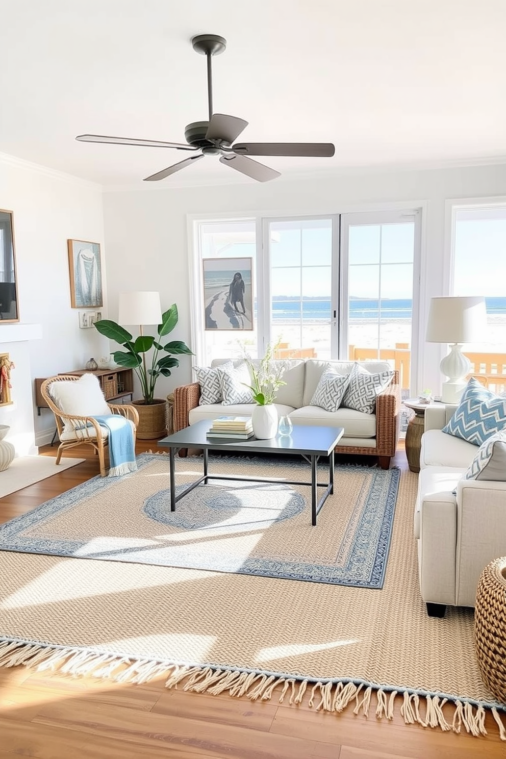 A beach living room featuring layered rugs that add comfort and style. The space is filled with natural light, showcasing a color palette of soft blues and sandy neutrals.