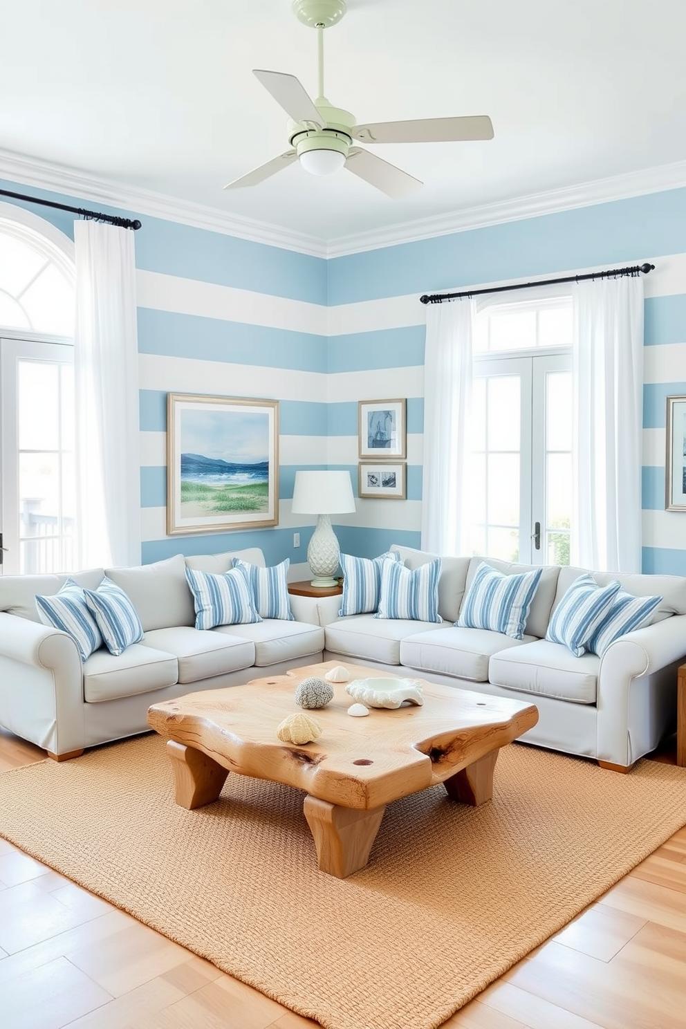 A beach living room featuring nautical stripes in soft blue and white on the walls creates a classic coastal vibe. The furniture includes a large, comfortable sectional sofa adorned with striped throw pillows and a light-colored coffee table made of driftwood. Natural light floods the space through large windows dressed with sheer white curtains. A woven area rug in sandy tones anchors the seating area, while beach-themed decor such as seashells and framed ocean prints adorns the walls.