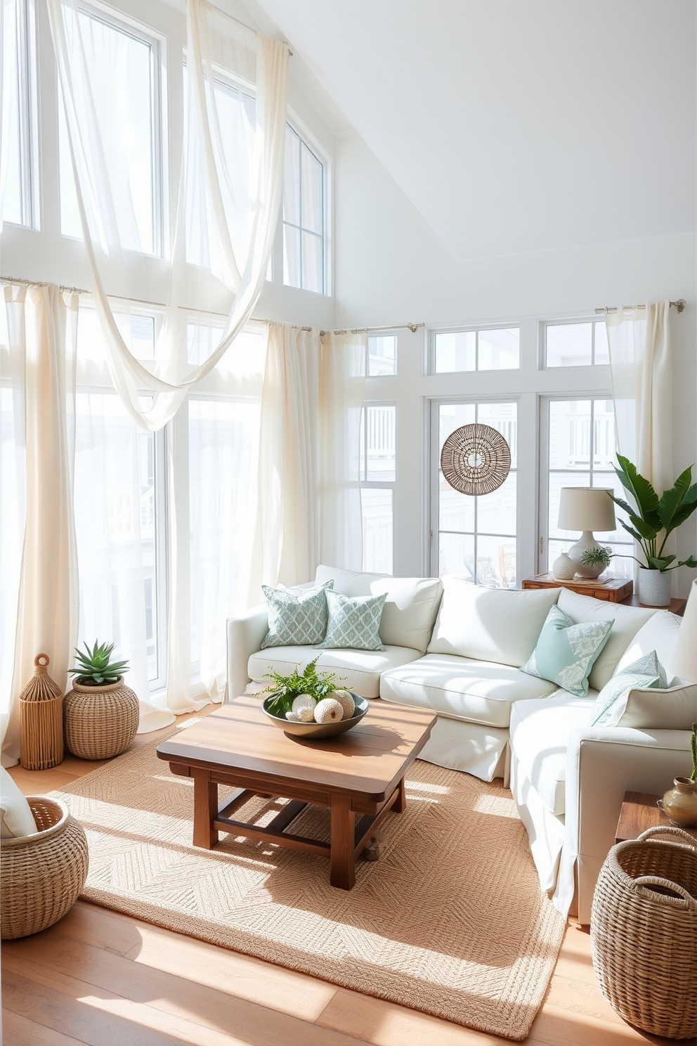 A bright beach living room adorned with light linen curtains that gently sway in the ocean breeze. The space features a large sectional sofa in a soft pastel hue, paired with a rustic wooden coffee table and coastal-themed decor. Natural light floods the room through expansive windows, creating an airy atmosphere. Accents of seafoam green and sandy beige enhance the beachy vibe, complemented by woven baskets and potted plants for a touch of nature.