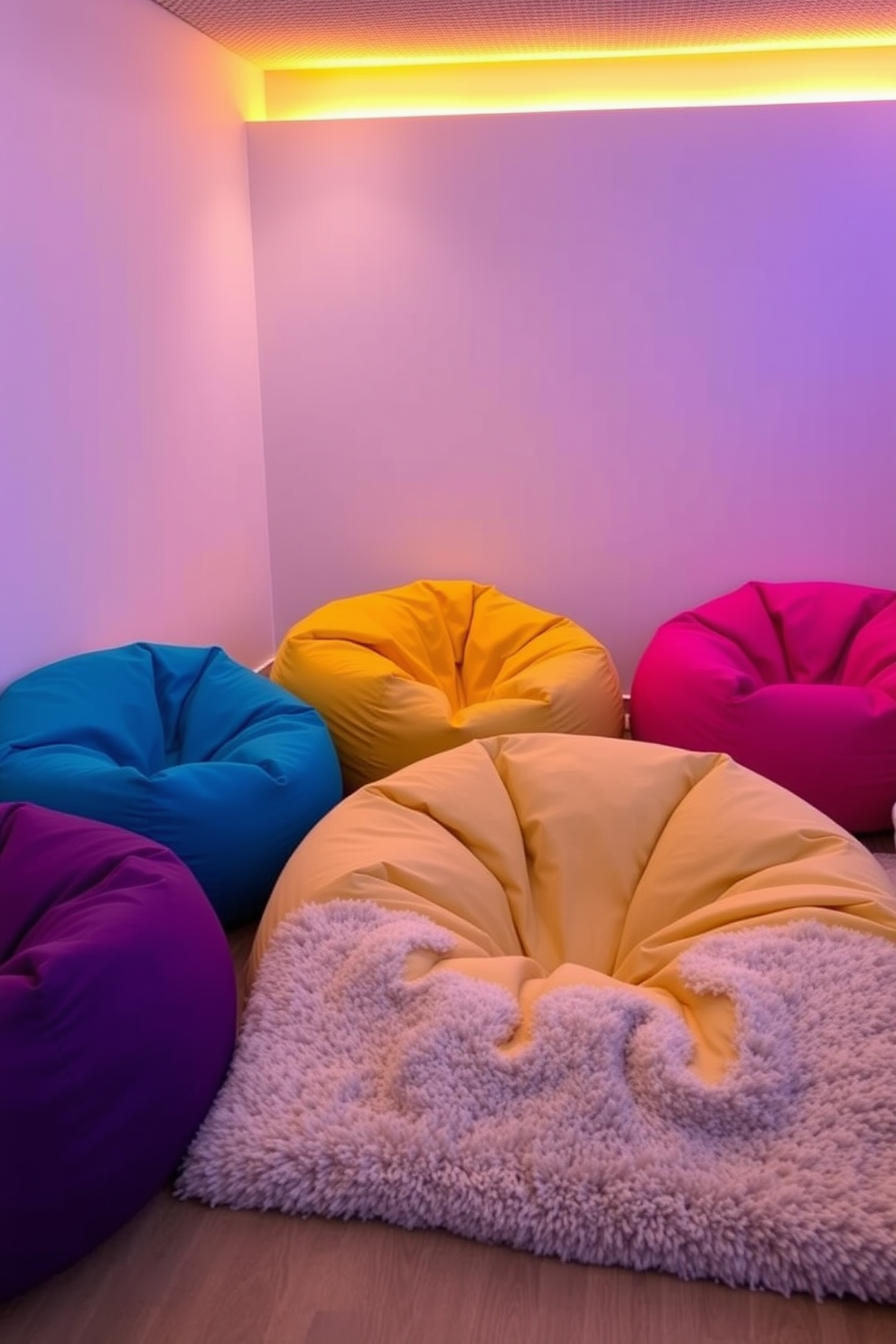 A cozy corner featuring oversized bean bags in vibrant colors. The space is adorned with soft, ambient lighting and a plush area rug, creating an inviting atmosphere for relaxation.