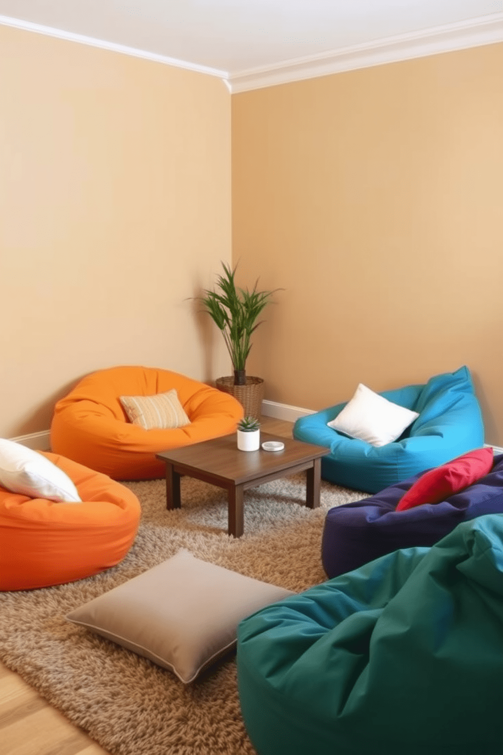 A cozy living room featuring colorful bean bags paired with soft floor cushions. The bean bags are arranged around a low wooden coffee table, creating an inviting space for relaxation and conversation. The walls are painted in a warm beige tone, complementing the vibrant colors of the bean bags. A plush area rug anchors the seating area, adding comfort and style to the room.