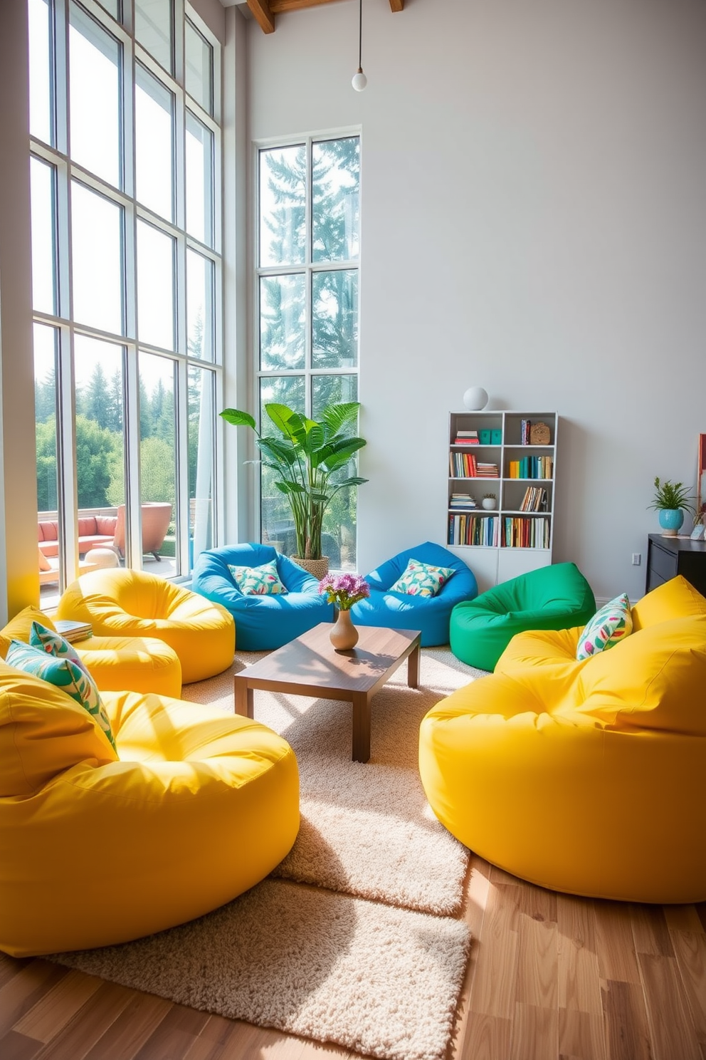 Bright bean bags in vibrant colors create a cheerful and inviting atmosphere in the living room. The space features a cozy arrangement with a low coffee table at the center, surrounded by oversized bean bags in shades of yellow, blue, and green. Large windows allow natural light to flood the room, enhancing the playful ambiance. A soft area rug anchors the seating area, adding warmth and texture to the overall design.