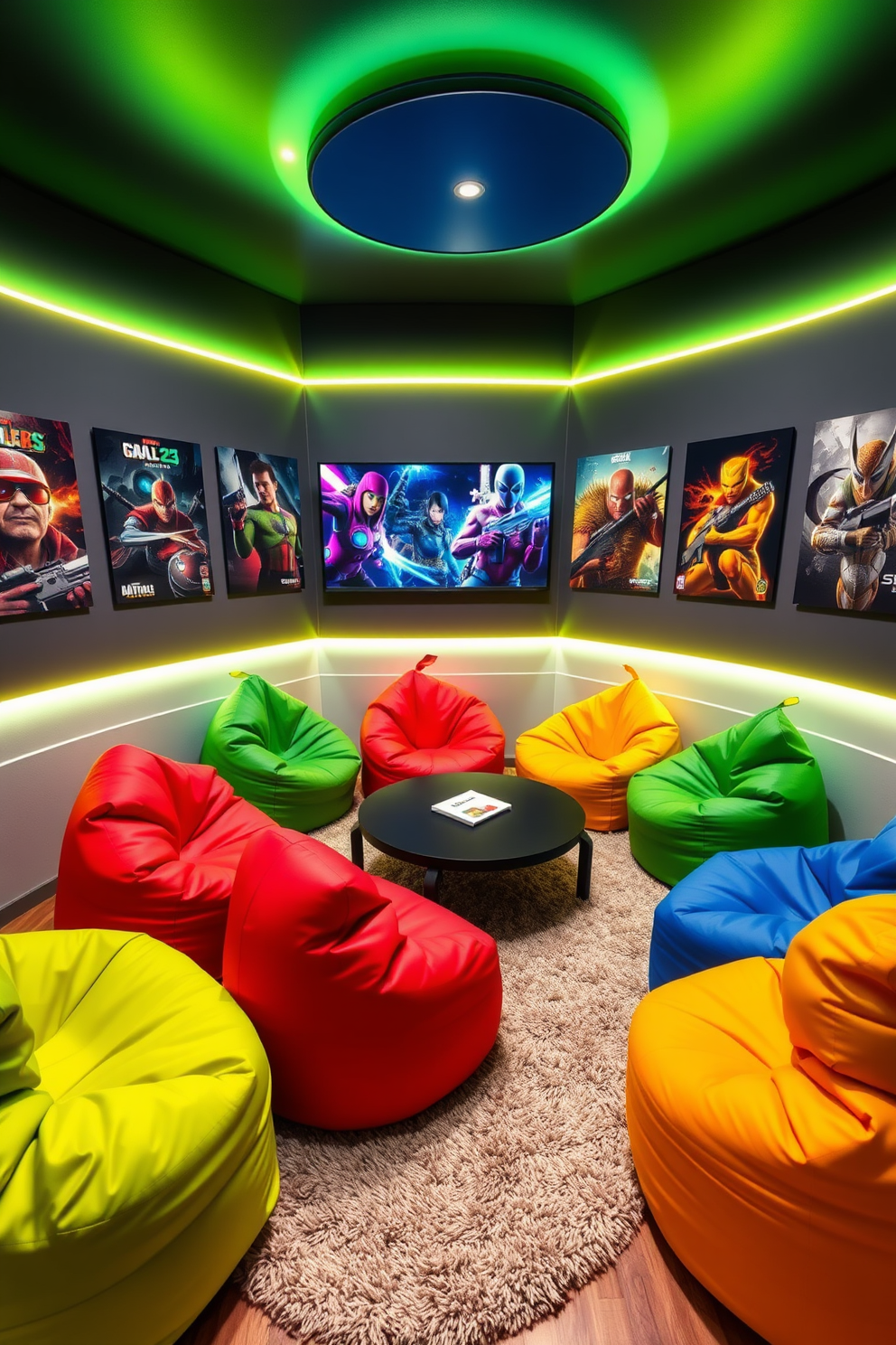 A vibrant gaming area featuring colorful bean bags arranged around a low coffee table. The walls are adorned with posters of popular video games, and soft LED lights create an inviting atmosphere. The bean bags are in various shapes and sizes, providing comfort and style for gamers. A plush rug lies beneath the seating area, enhancing the coziness of the space.