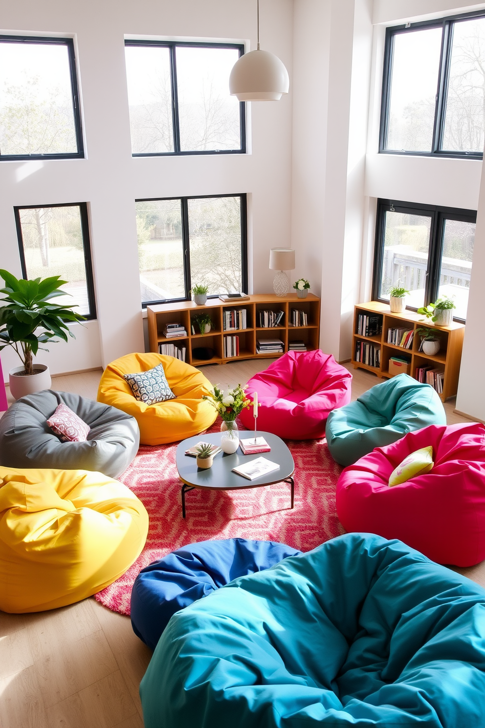 A vibrant living room filled with stylish bean bags in bold colors. The bean bags are arranged around a low coffee table, creating a cozy and inviting atmosphere for relaxation and socializing. The walls are painted in a soft neutral tone to enhance the vibrant hues of the bean bags. Large windows allow natural light to flood the space, highlighting the playful design and creating a cheerful ambiance.