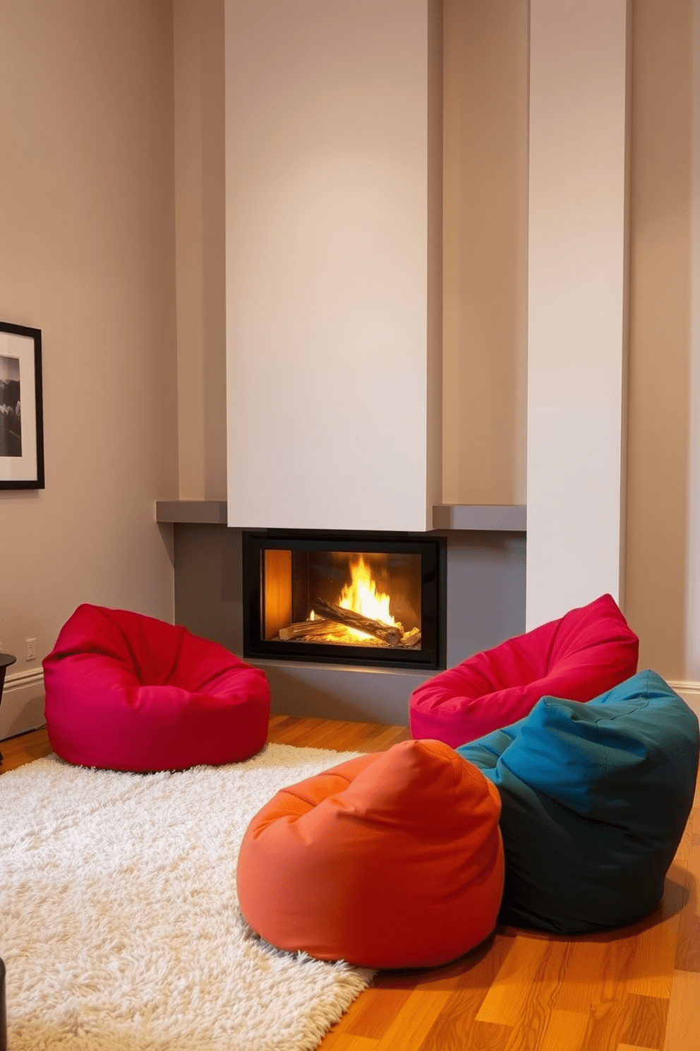 A cozy living room features colorful bean bags arranged near a modern fireplace that provides warmth and ambiance. The walls are adorned with soft, neutral tones, and a plush area rug adds comfort underfoot, inviting relaxation and conversation.