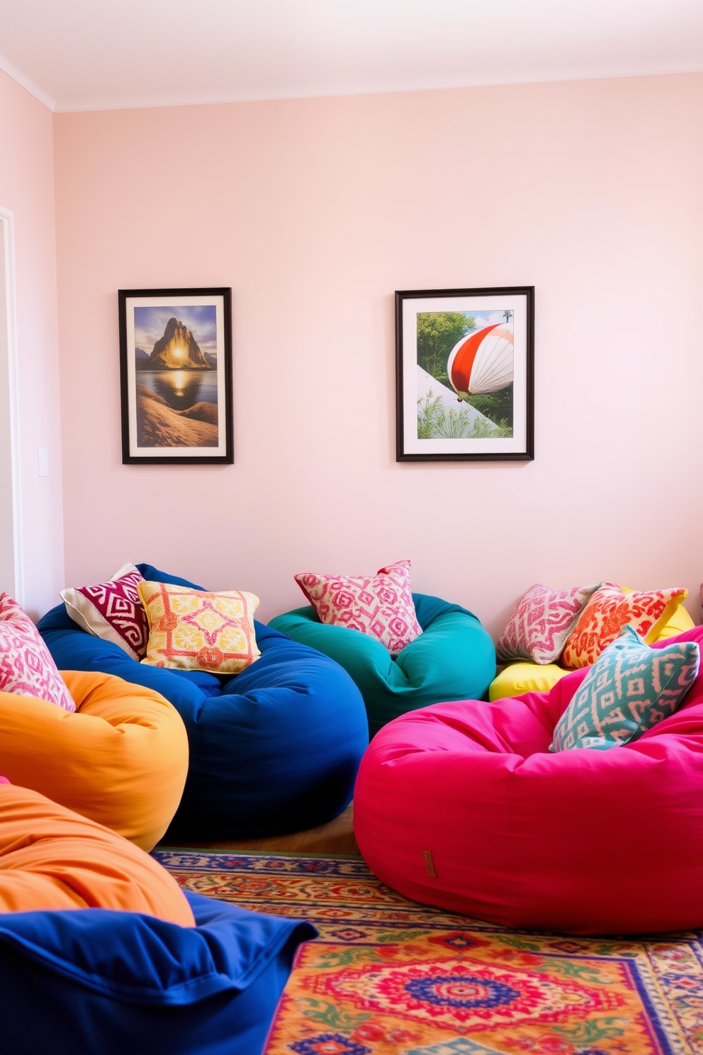 A cozy living room featuring colorful bean bags with matching throw pillows arranged in a relaxed seating area. The walls are painted in a soft pastel hue, and a vibrant area rug adds warmth to the space.