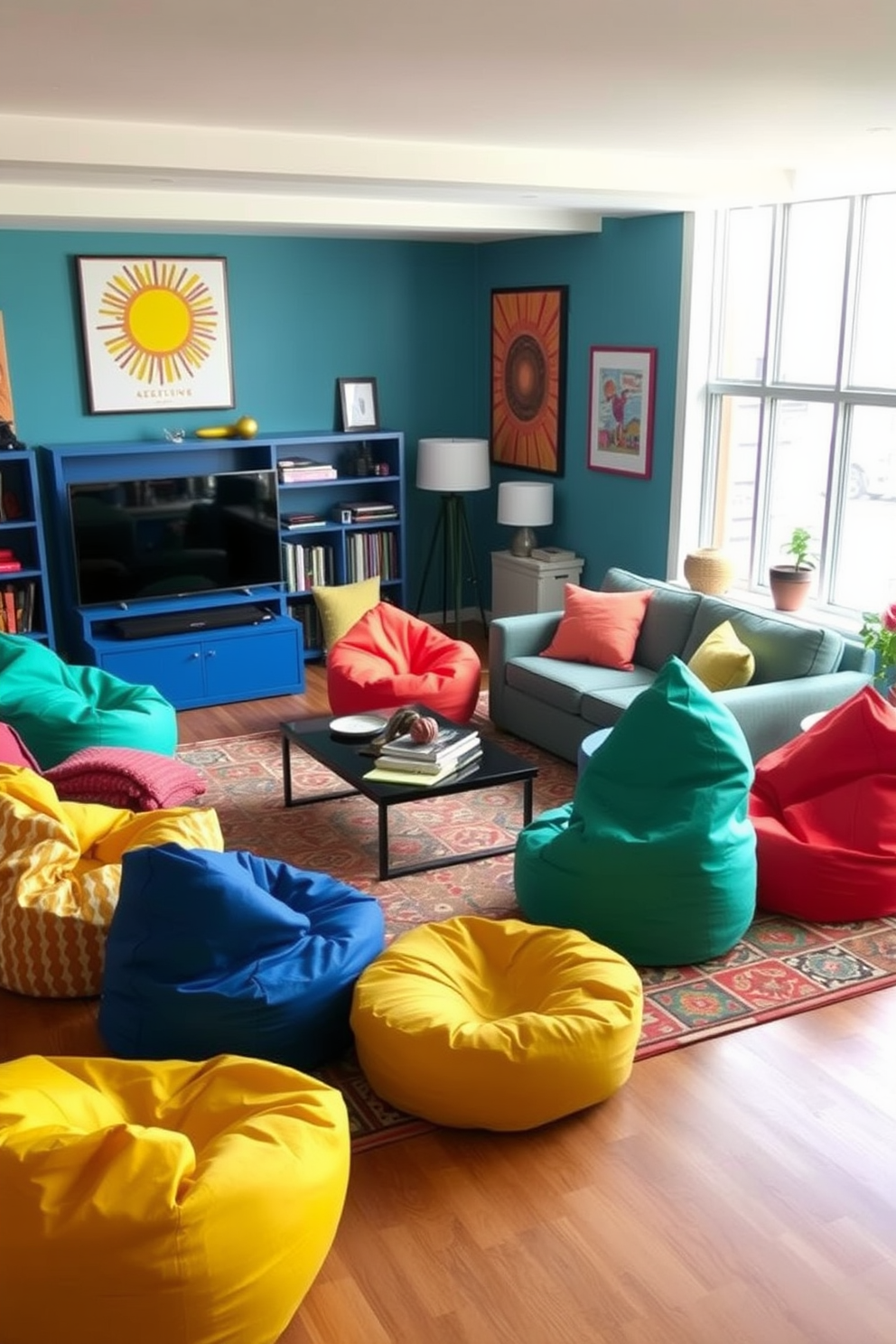 Colorful bean bags scattered throughout a vibrant living room create a playful and inviting atmosphere. The space features a mix of bold patterns and bright colors, with a cozy rug anchoring the seating area. The walls are adorned with cheerful artwork that complements the lively decor. Large windows allow natural light to flood in, enhancing the cheerful ambiance of the room.