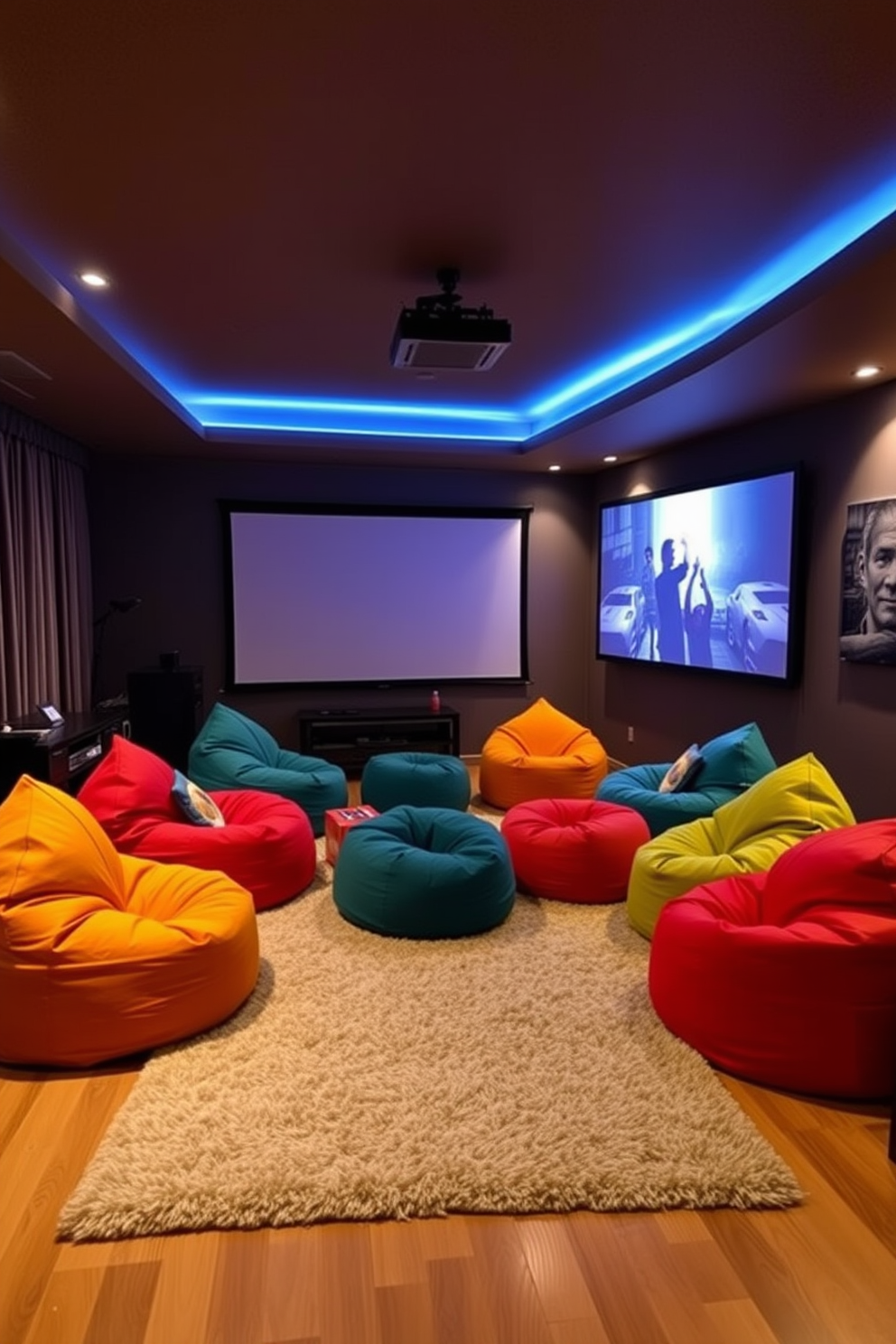 A cozy living room designed for movie nights with bean bags scattered around for comfortable seating. The space features a large projector screen on one wall and soft ambient lighting to create a relaxed atmosphere. Colorful bean bags in various sizes are positioned in a semi-circle facing the screen, inviting friends and family to gather. A plush area rug anchors the seating area, adding warmth and texture to the room.