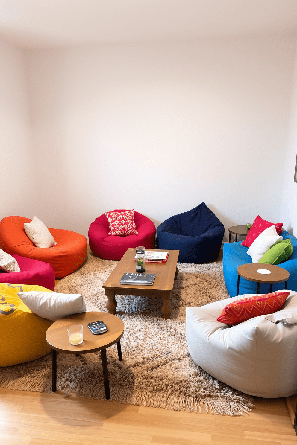 A cozy living room featuring colorful bean bags arranged around a low wooden coffee table. The space is accented with soft throw pillows and a plush area rug that adds warmth to the room. Side tables are strategically placed next to each bean bag for convenience, holding drinks and books. The walls are painted in a light neutral tone, creating a bright and inviting atmosphere.