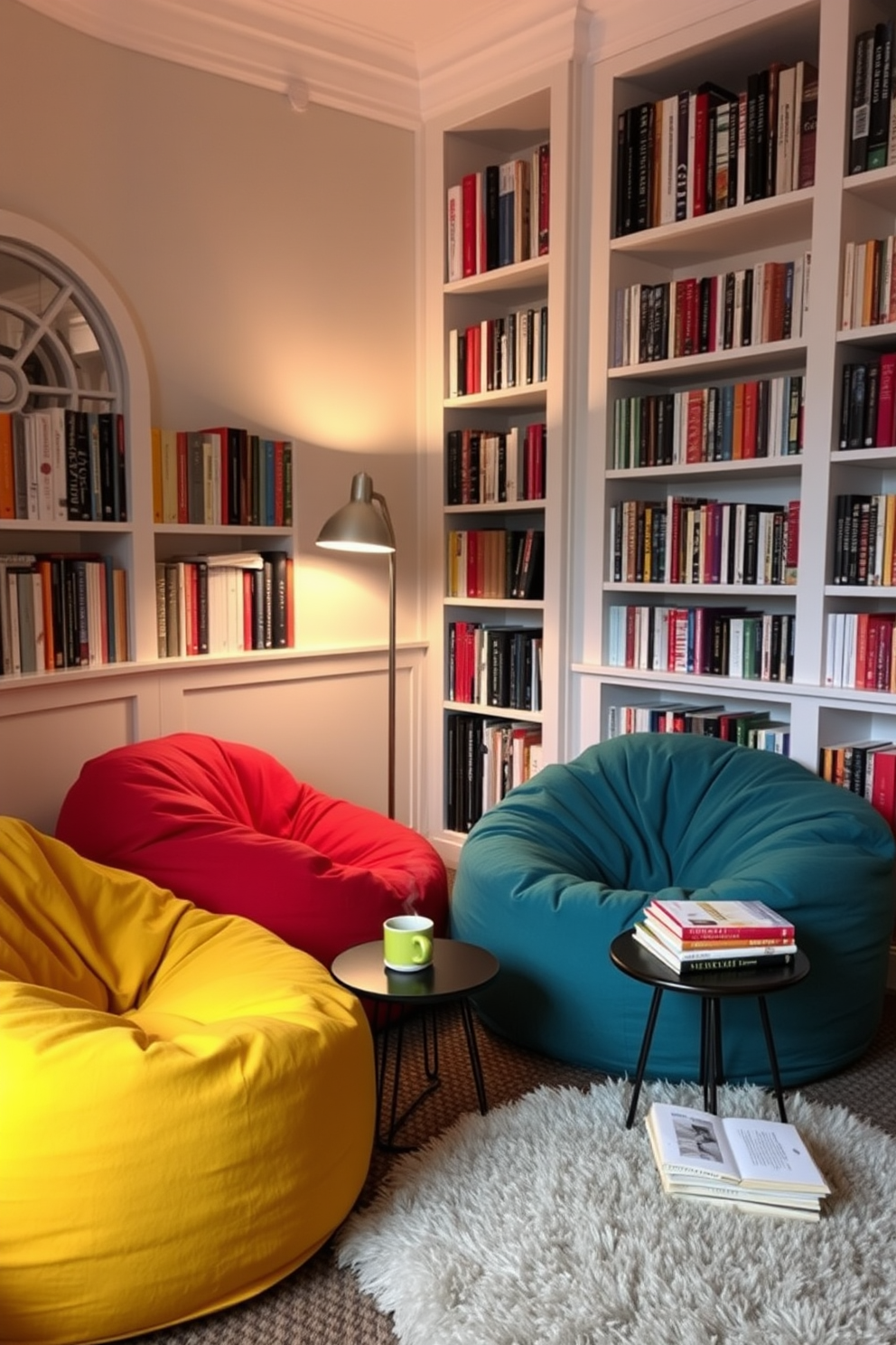 A cozy reading nook featuring oversized bean bags in vibrant colors. Soft lighting from a nearby floor lamp creates a warm atmosphere, inviting relaxation and enjoyment of books. The walls are adorned with bookshelves filled with various genres, creating an inviting and personal space. A plush area rug underfoot adds comfort, while a small side table holds a steaming cup of tea and a stack of favorite novels.