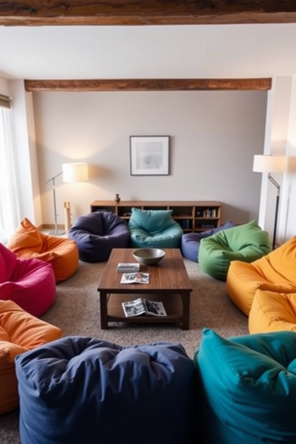 A cozy living room featuring bean bags arranged in a circular layout. The bean bags come in various vibrant colors, creating a playful and inviting atmosphere. In the center, a low wooden coffee table holds a few magazines and a decorative bowl. Soft lighting from floor lamps enhances the relaxed mood of the space.