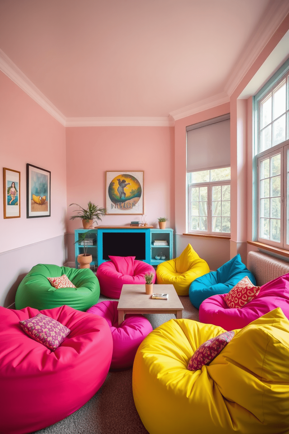 A cozy living room featuring vibrant bean bags in bold colors. The walls are painted in a soft pastel hue that contrasts beautifully with the bright bean bags, creating a playful yet inviting atmosphere. The space includes a low coffee table surrounded by the bean bags, providing a casual seating arrangement. Large windows allow natural light to flood the room, enhancing the cheerful color palette.