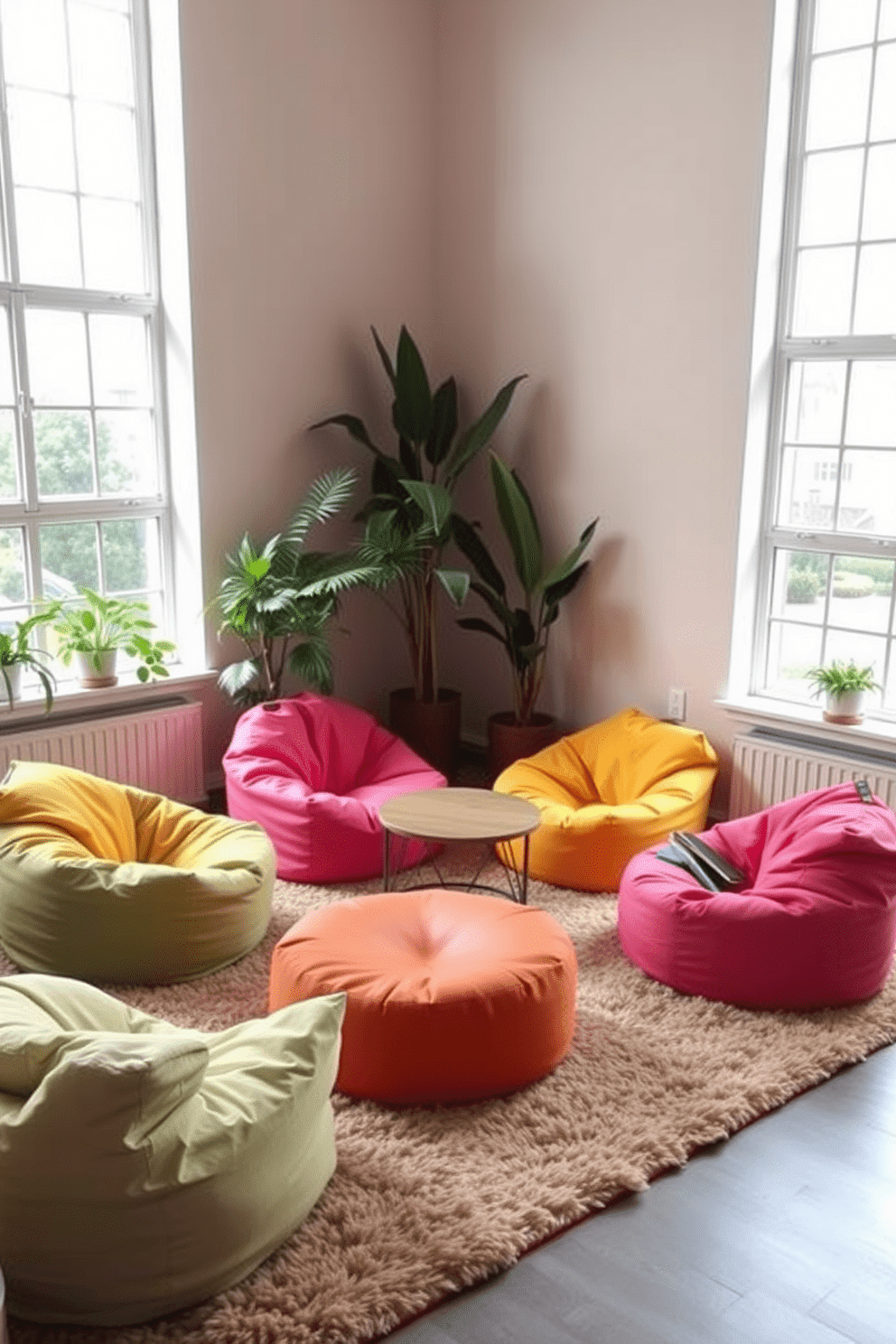 A cozy lounge area featuring colorful bean bags arranged around a low coffee table. The walls are painted in a soft pastel hue, and a plush area rug adds warmth to the space. Natural light floods in through large windows, creating an inviting atmosphere. Potted plants are strategically placed to enhance the relaxed vibe of the room.