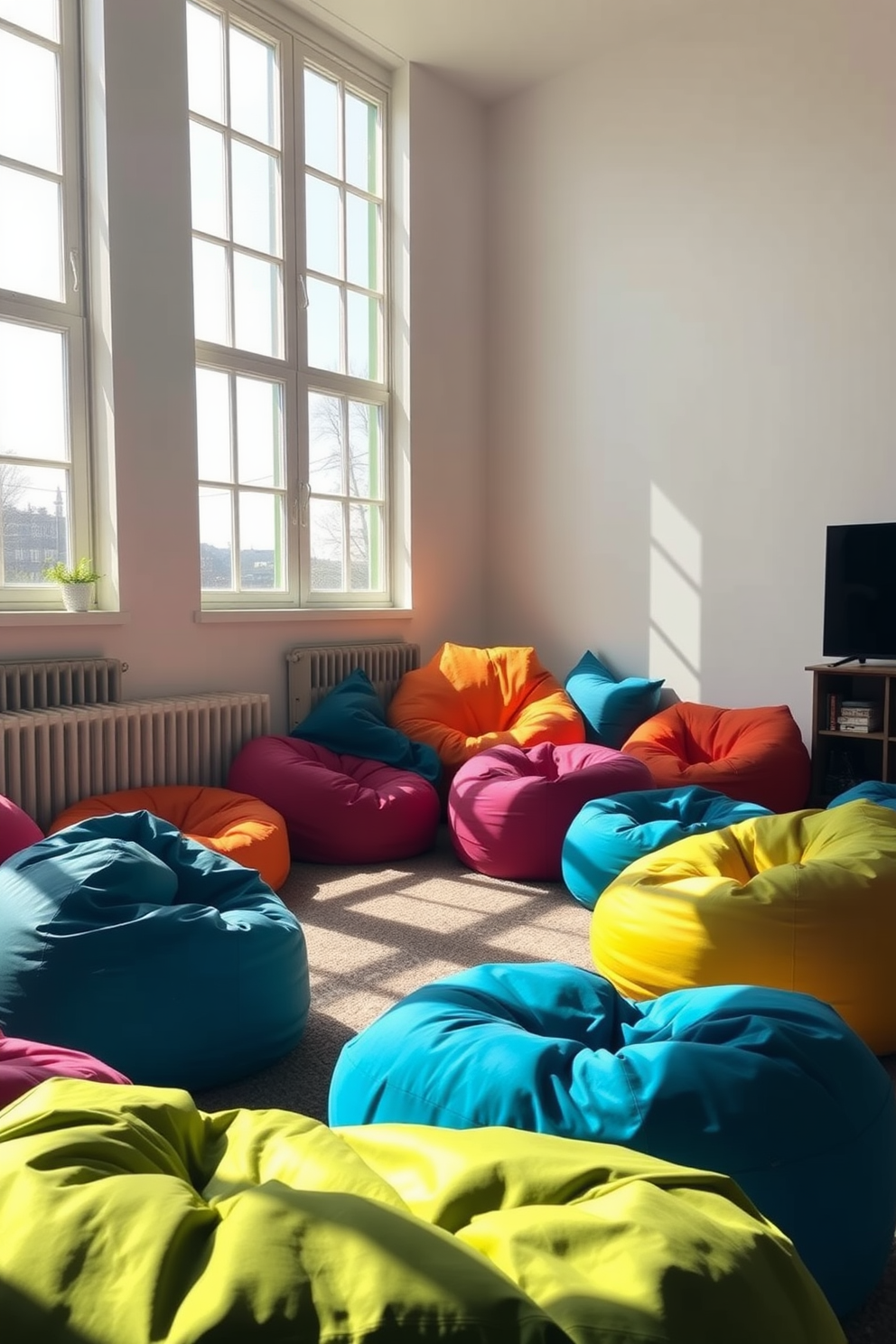 A cozy living room corner filled with vibrant bean bags in various colors. Sunlight streams through large windows, illuminating the space and creating a warm and inviting atmosphere.