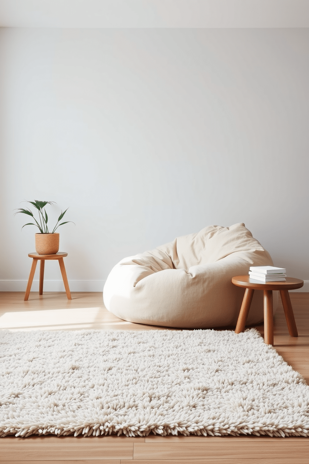 A cozy living room featuring a minimalist design with neutral tones. The space includes a large bean bag chair in a soft beige fabric, complemented by a simple wooden coffee table. The walls are painted in a light gray shade, creating a calm atmosphere. A plush area rug in a muted cream color anchors the seating area, adding warmth to the room.