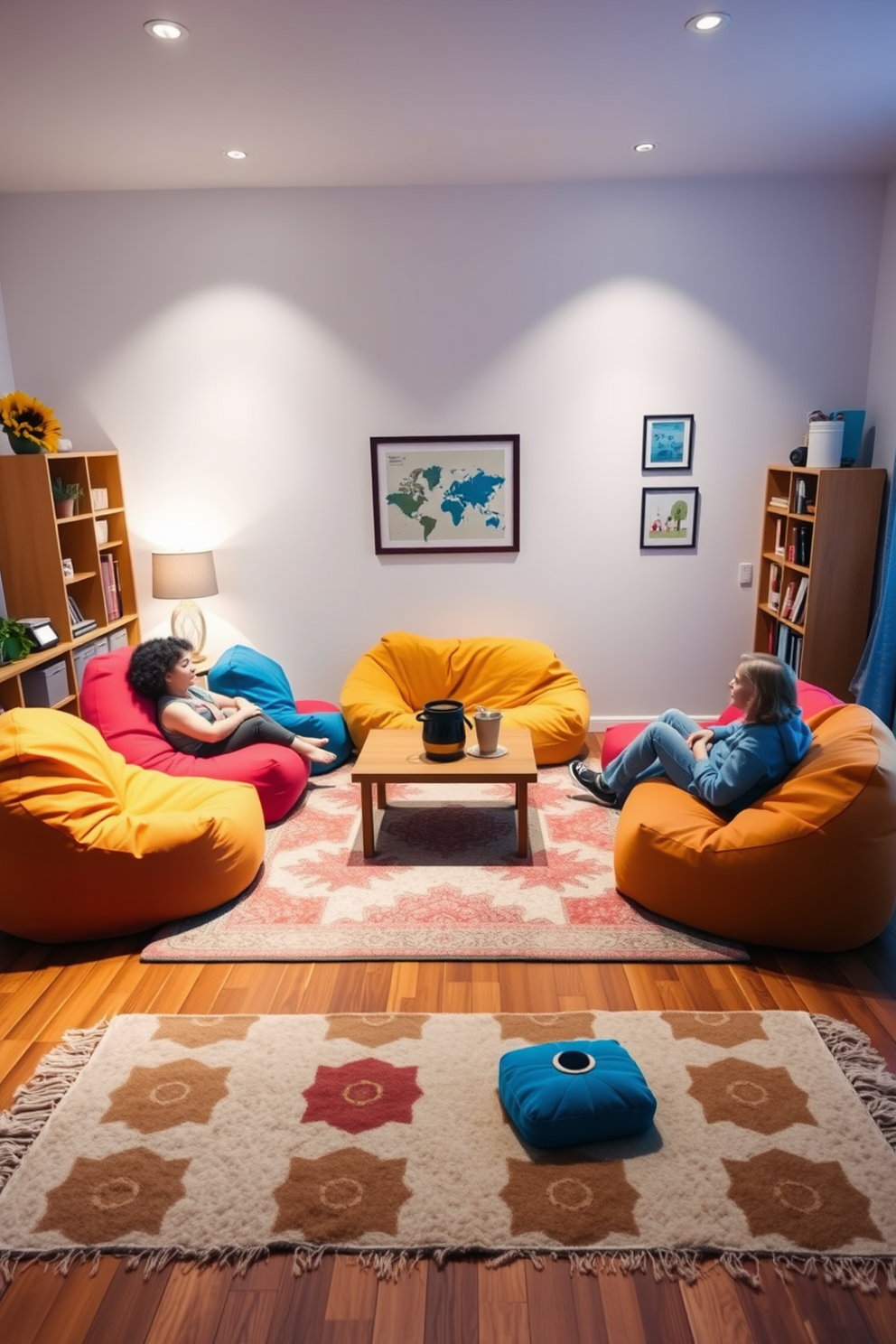 A cozy living room designed for a relaxed family gathering. The space features colorful bean bags arranged around a low coffee table, creating an inviting atmosphere for conversation and play. Soft lighting illuminates the room, enhancing the warmth of the wooden floors. A large rug anchors the seating area, while playful artwork adorns the walls, adding personality to the space.