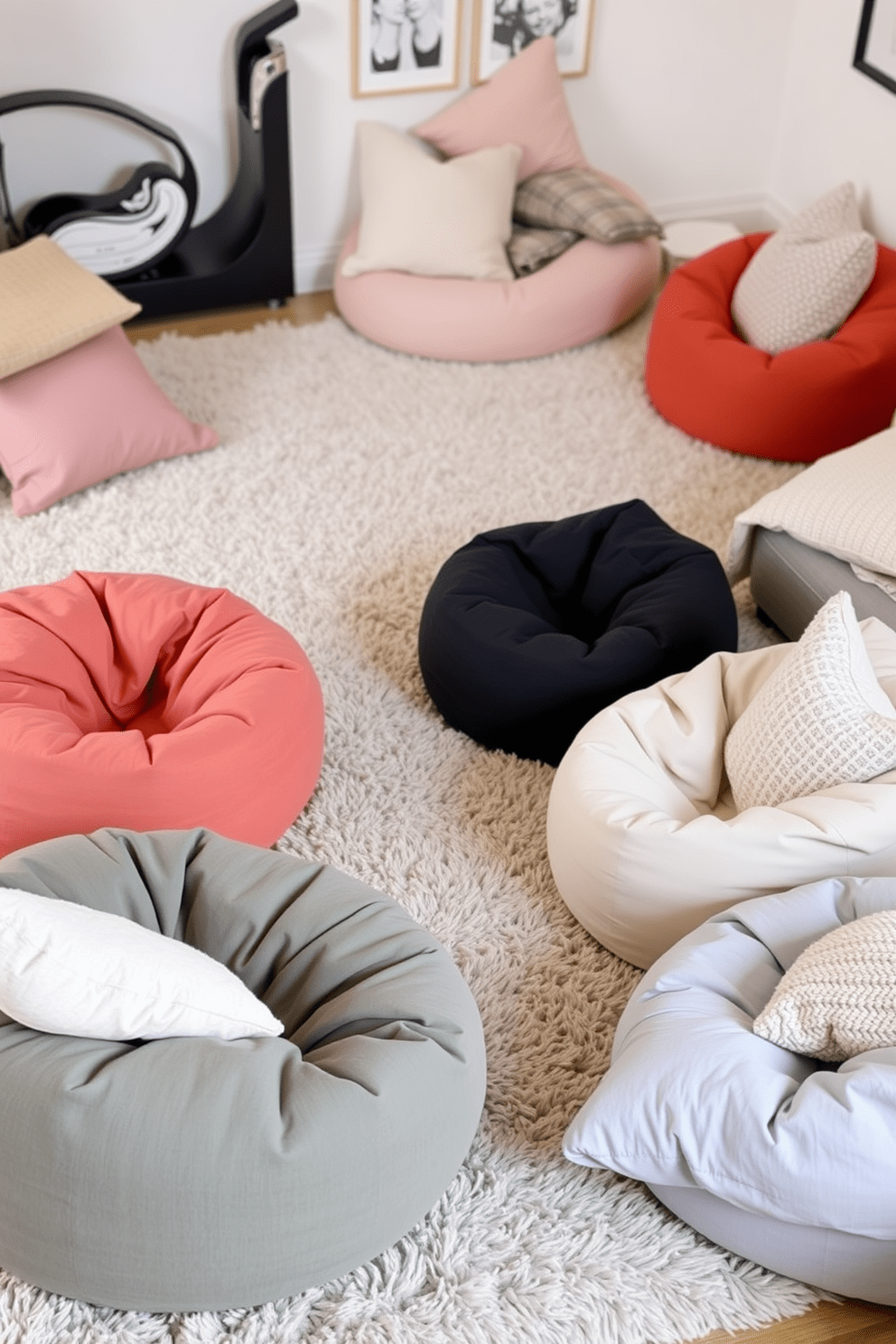 A cozy living room featuring layered textures with multiple bean bags in various colors scattered around. The floor is covered with a plush area rug that adds warmth, while soft throw pillows enhance the inviting atmosphere.