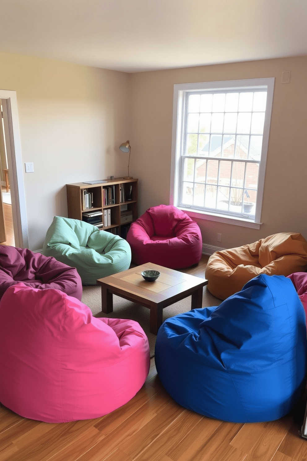 A cozy living room features several colorful bean bags arranged around a low wooden coffee table. The walls are painted in a soft beige, and a large window allows natural light to fill the space, creating a warm and inviting atmosphere.