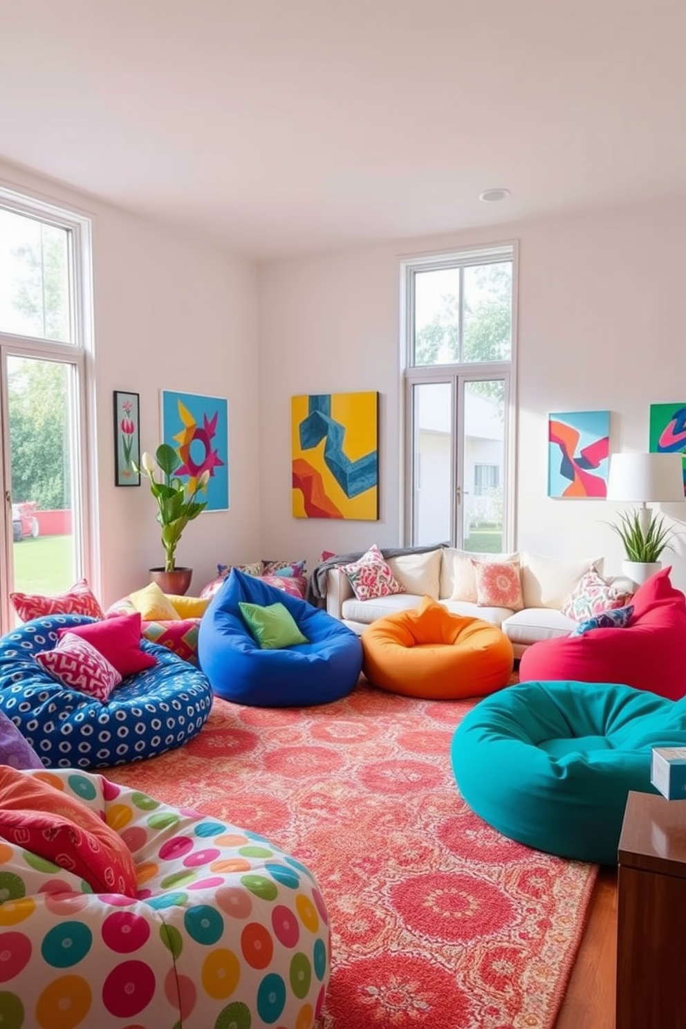 A lively living room filled with vibrant bean bags in various patterns and colors creates an inviting atmosphere. The space features a large area rug that complements the bean bags, while colorful throw pillows add an extra layer of comfort and style. Bright artwork adorns the walls, enhancing the playful vibe of the room. Large windows allow natural light to flood in, illuminating the eclectic mix of textures and patterns throughout the space.