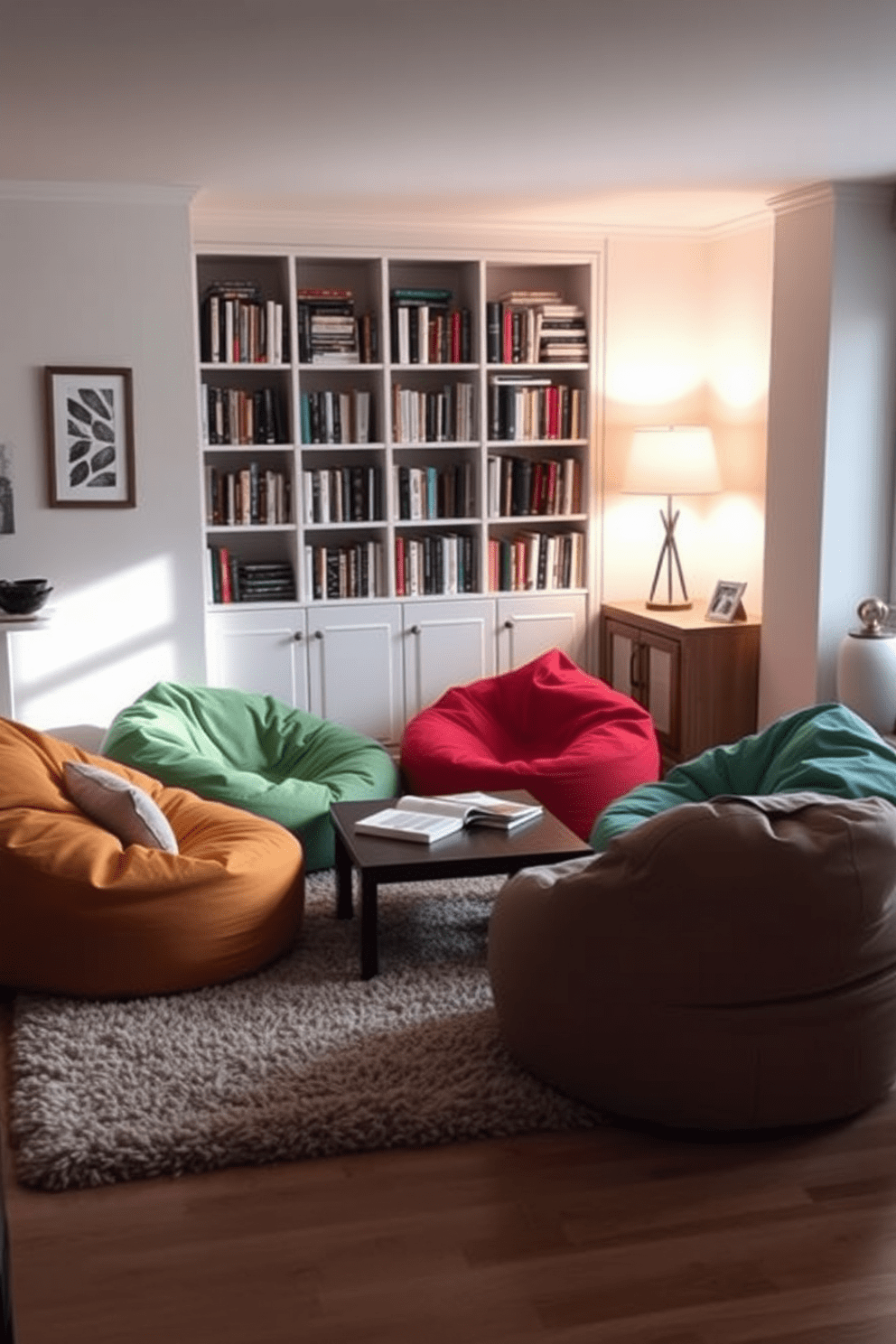 A cozy living room featuring colorful bean bags arranged around a low coffee table. Soft lighting creates a warm atmosphere, inviting relaxation and casual reading. The bean bags are positioned near a bookshelf filled with an array of books, enhancing the inviting reading nook. A plush rug underfoot adds comfort and ties the space together.