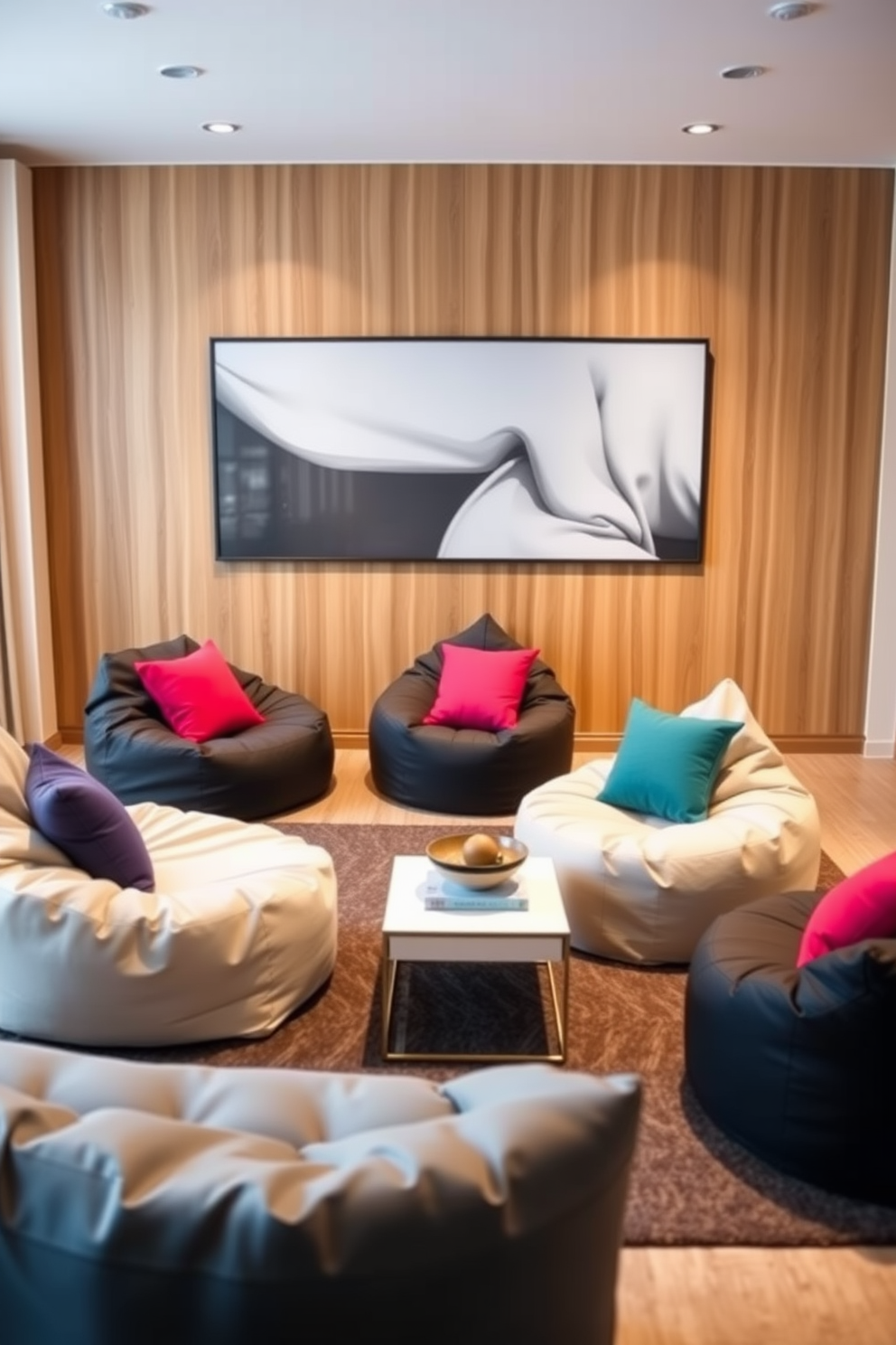 A stylish living room featuring modern bean bags in various geometric shapes. The bean bags are arranged in a cozy seating area, complemented by a sleek coffee table and vibrant throw pillows.