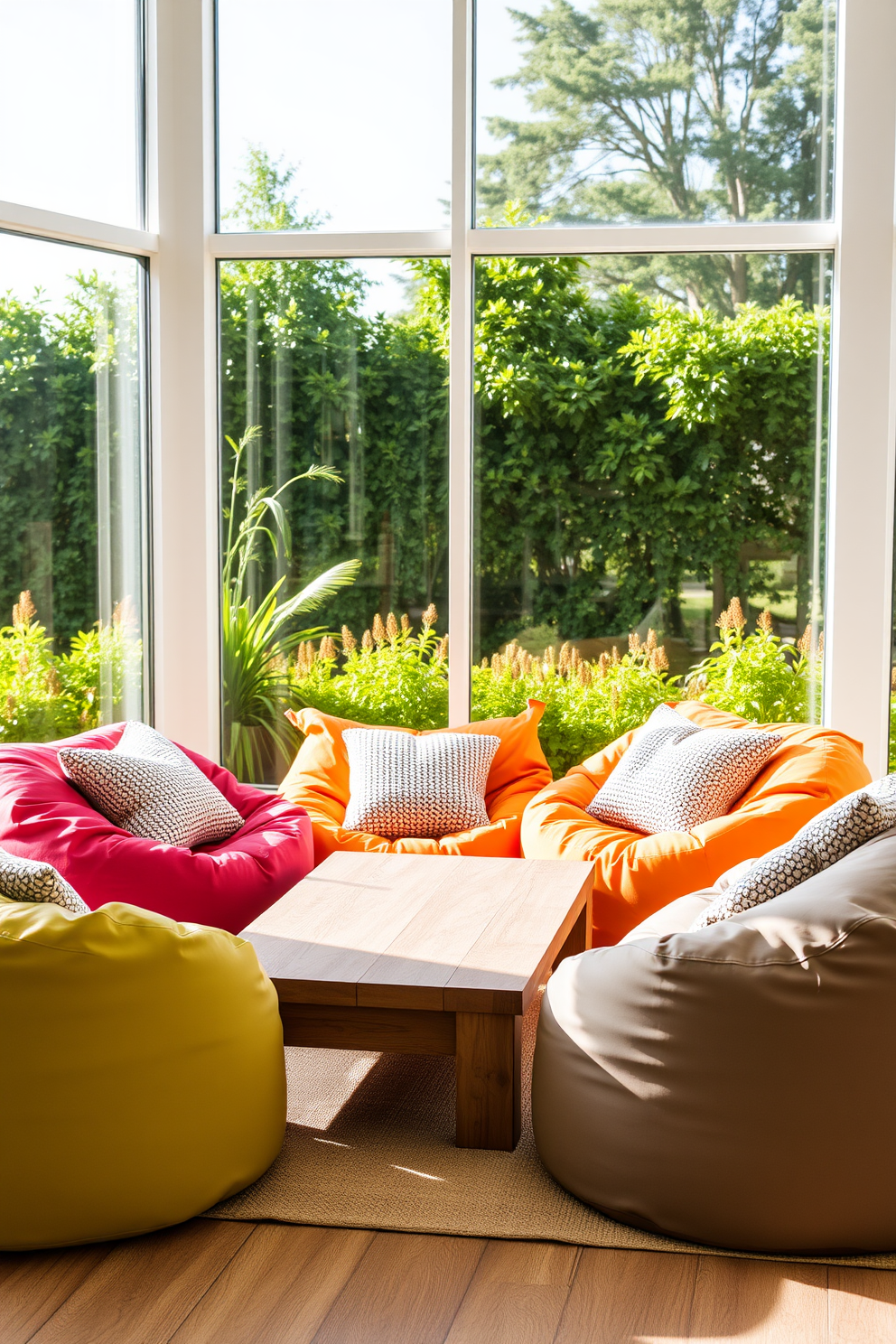 Create a cozy living room setting featuring outdoor-inspired bean bags in vibrant colors. The bean bags are arranged around a low wooden coffee table with a natural finish, surrounded by large windows that let in plenty of sunlight. In the background, lush greenery is visible through the glass, enhancing the outdoor feel of the space. Soft, textured throw pillows are scattered on the bean bags, inviting relaxation and comfort.