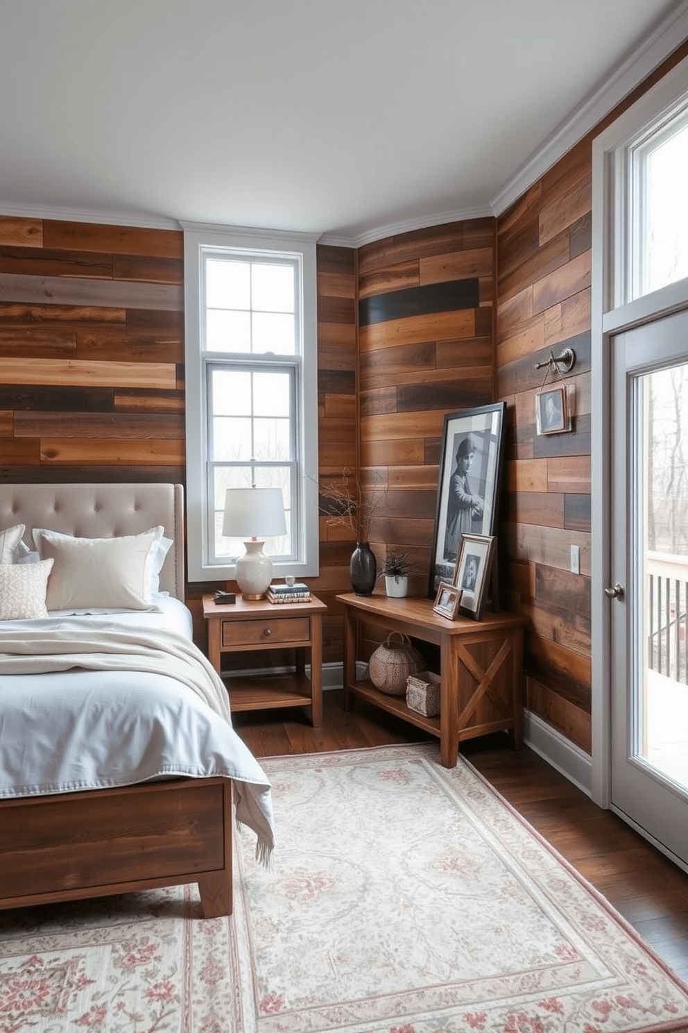 A cozy bedroom featuring rustic reclaimed wood paneling as an accent wall. The warm tones of the wood create a welcoming atmosphere, complemented by soft, neutral bedding and a vintage-style rug. Natural light filters through large windows, highlighting the texture of the wood and creating a serene ambiance. Simple, elegant decor pieces, like a bedside lamp and framed artwork, enhance the rustic charm of the space.