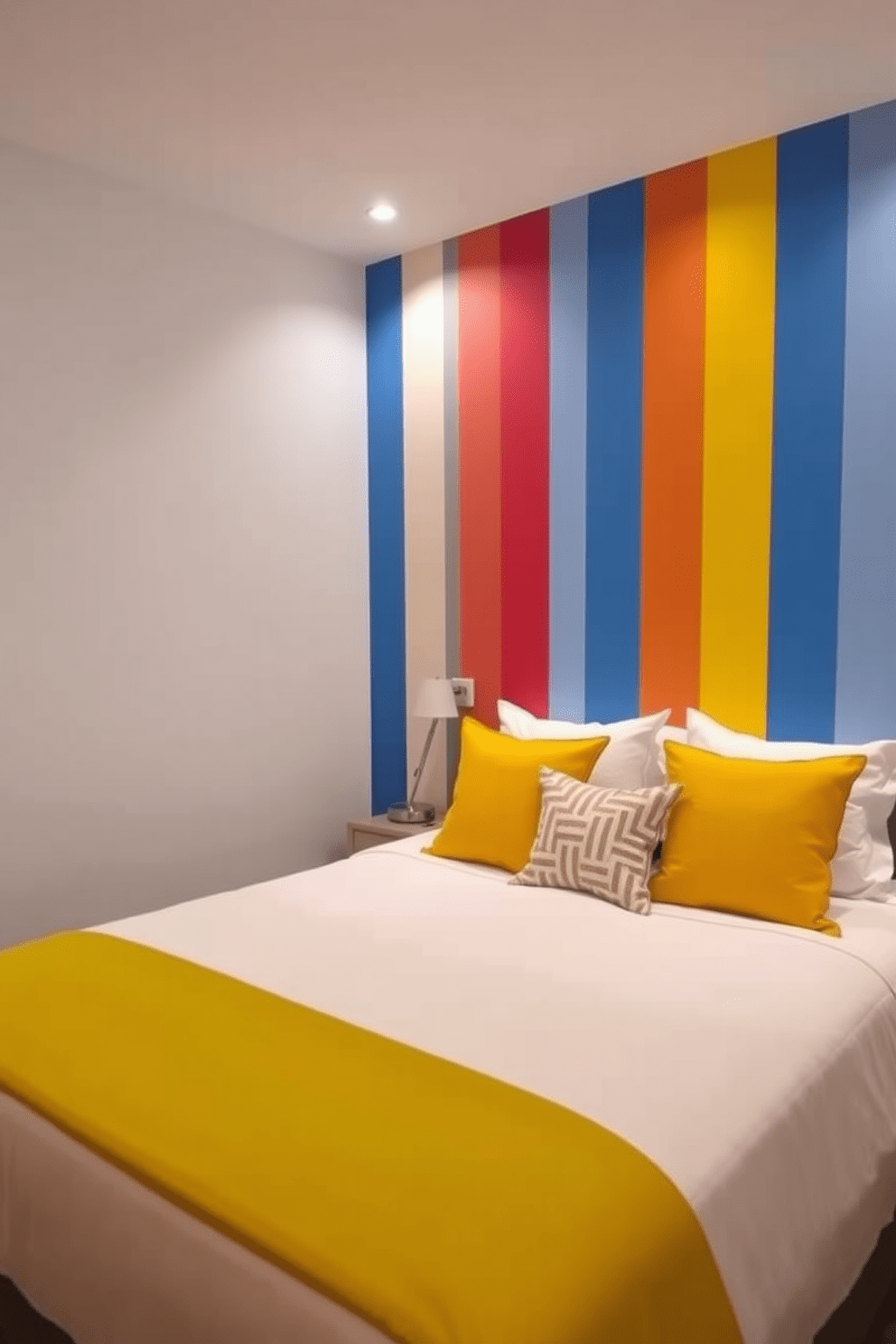 Bright colored stripes create a vibrant and energetic atmosphere in the bedroom. The accent wall features bold hues of blue, yellow, and red arranged in alternating vertical stripes. Soft lighting complements the lively colors, enhancing the overall mood of the space. A stylish bed with crisp white linens and colorful throw pillows sits against the striped wall, creating a striking focal point.