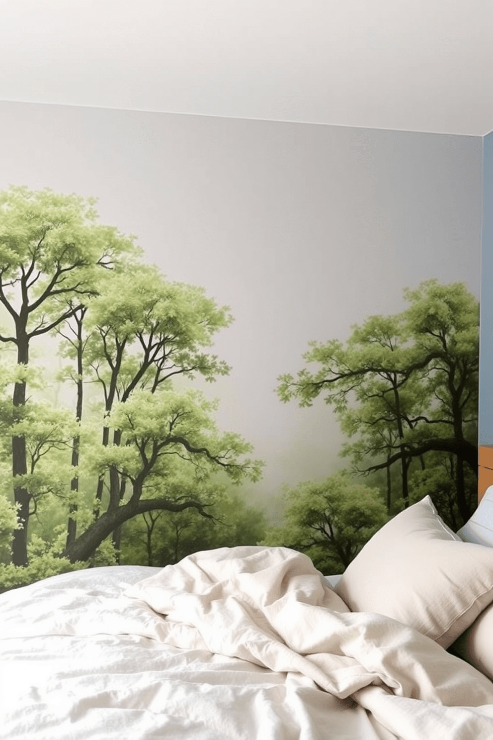 A serene bedroom featuring a nature-inspired mural that brings the outdoors inside. The mural depicts a lush forest scene with soft greens and gentle browns, creating a calming atmosphere. The accent wall is painted in a soothing light blue hue to complement the mural. Plush bedding in neutral tones and natural textures enhance the tranquil vibe of the space.