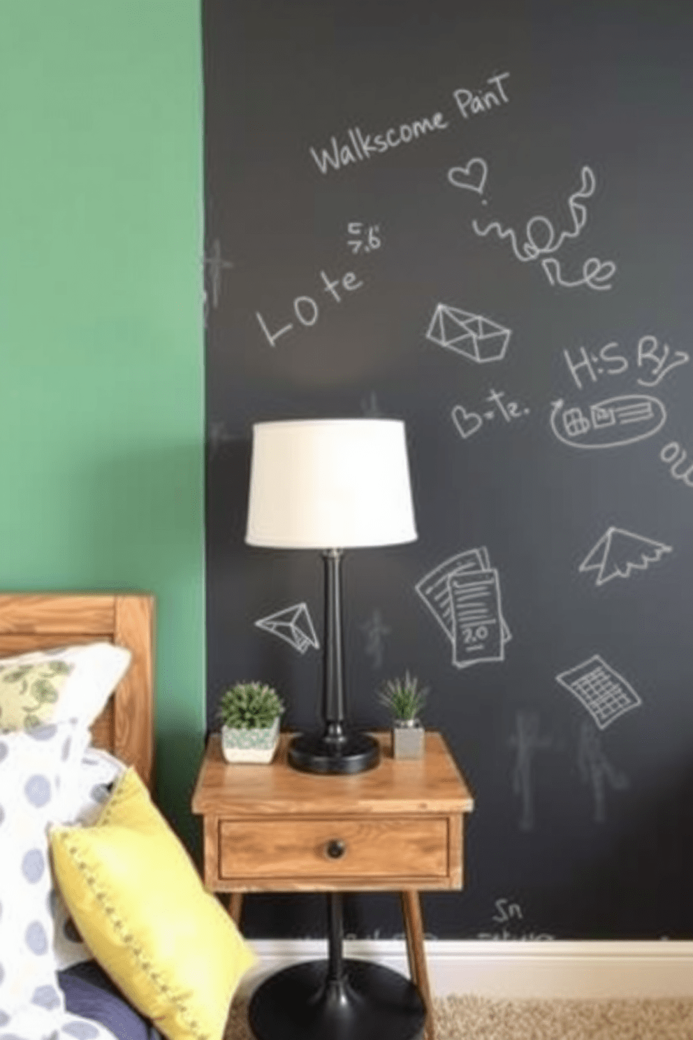 A creative bedroom accent wall featuring chalkboard paint. The wall serves as a canvas for artistic expression, allowing for doodles and notes to be easily added and erased.