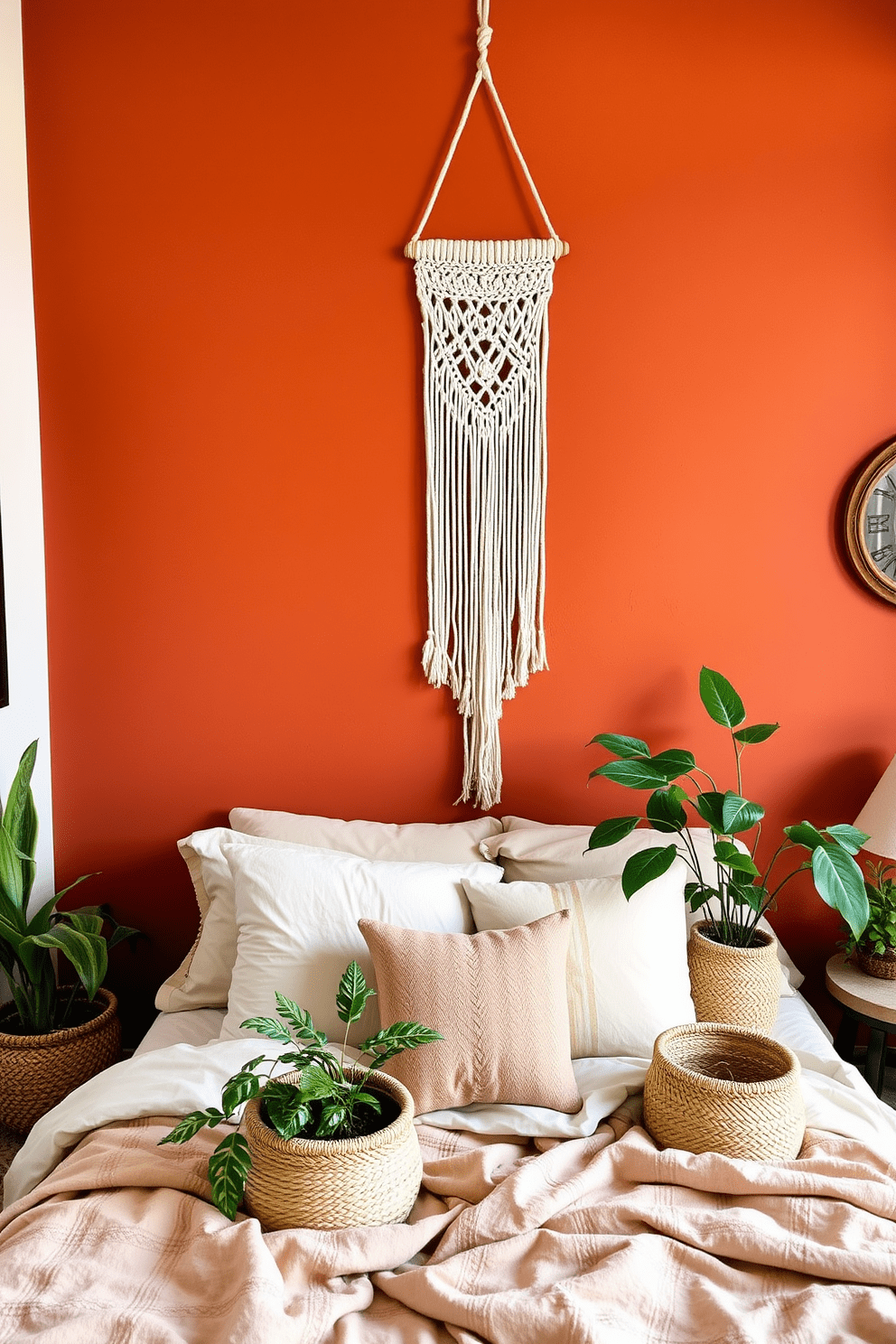 A cozy bedroom featuring a hanging macrame piece that adds a boho vibe to the space. The accent wall is painted in a warm terracotta hue, complemented by soft, natural textures in the bedding and decor. The macrame hangs gracefully above the bed, creating a focal point that draws the eye. Surrounding the wall are various plants in woven baskets, enhancing the earthy aesthetic of the room.