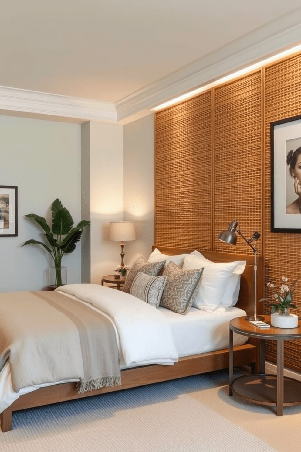 Woven rattan panels create a warm and inviting texture in the bedroom. The accent wall features a blend of natural fibers and soft lighting to enhance the cozy atmosphere. Incorporate a subtle color palette with neutral tones to complement the rattan. Add decorative elements like framed artwork and ambient lighting to complete the design.