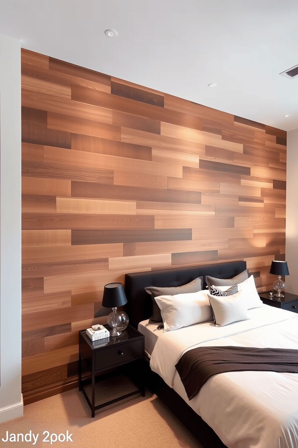 A striking bedroom accent wall features staggered wood slats in varying widths and lengths, creating a dynamic visual effect. The warm tones of the wood enhance the cozy atmosphere of the room, inviting relaxation and comfort. Soft ambient lighting highlights the texture of the wood, casting gentle shadows that add depth to the design. Complementary decor elements, such as plush bedding and stylish nightstands, complete the sophisticated look of the space.