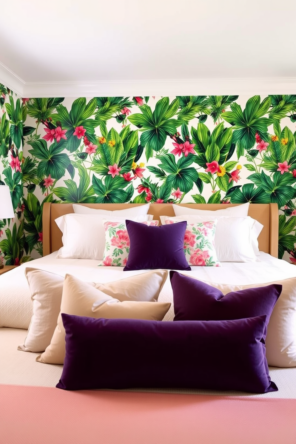 Bright wallpaper with tropical prints creates a vibrant and inviting atmosphere in the bedroom. The accent wall features lush green leaves and colorful flowers, bringing the essence of a tropical paradise indoors. Complementing the wallpaper, the bedding incorporates soft, neutral tones to balance the boldness of the prints. Decorative pillows in coordinating colors add texture and comfort, enhancing the overall design aesthetic.