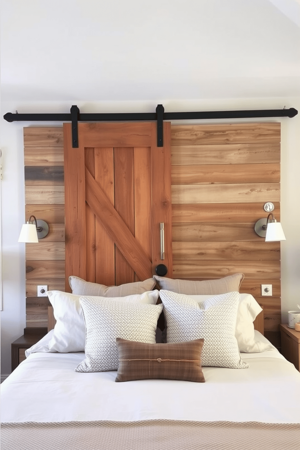 A rustic barn door serves as a stunning feature in the bedroom, adding warmth and character to the space. The accent wall behind the bed is adorned with reclaimed wood planks, creating a cozy and inviting atmosphere. Soft, neutral tones complement the barn door, enhancing the rustic charm while maintaining a modern aesthetic. Decorative elements like vintage sconces and textured throw pillows complete the look, making the bedroom both stylish and comfortable.