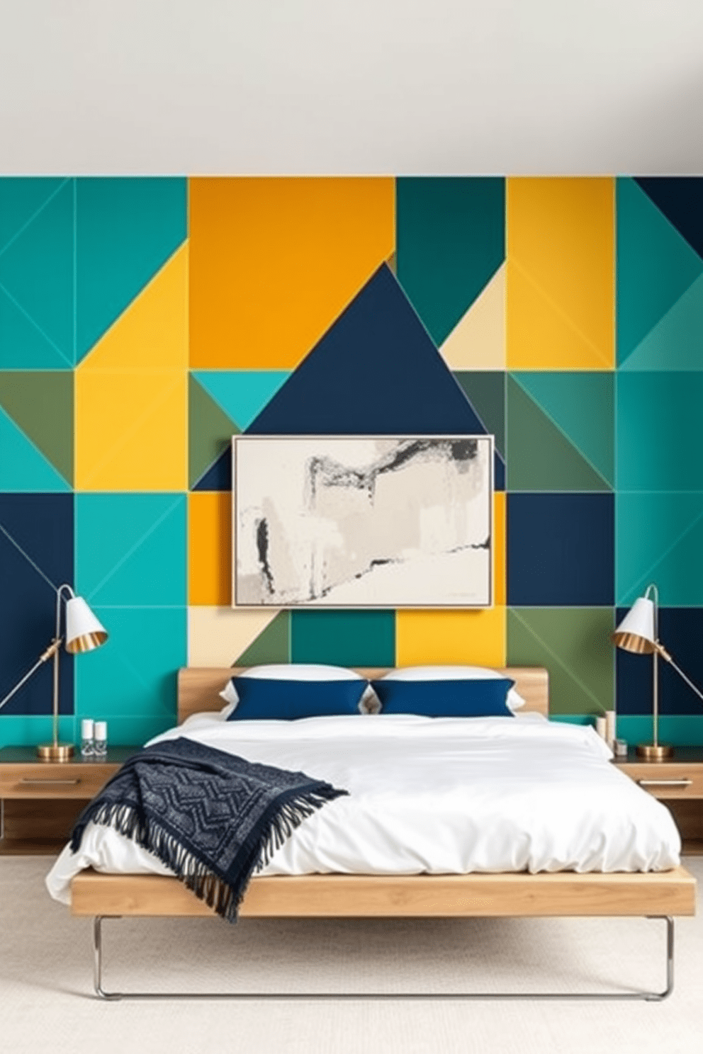 A bold geometric accent wall featuring a mix of triangles and rectangles in vibrant colors such as teal, mustard yellow, and deep navy. The design creates a striking focal point in the bedroom, enhancing the modern aesthetic and complementing minimalist furniture. The wall is complemented by a sleek, low-profile bed dressed in crisp white linens and a plush throw blanket. Stylish bedside tables with unique lamps provide functional elegance, while a large abstract art piece hangs above the headboard, tying the room together.