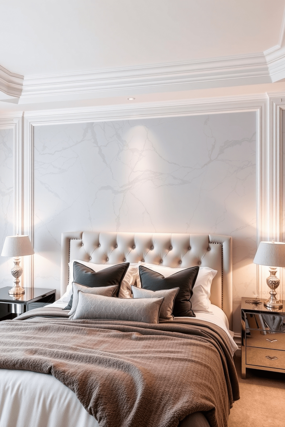 A luxurious bedroom featuring a stunning accent wall painted with marble effect paint. The soft hues of white and gray create an elegant backdrop for a plush upholstered headboard and stylish bedding. The accent wall is complemented by subtle lighting that highlights the marble texture. A pair of elegant bedside lamps adds warmth and sophistication to the overall design.