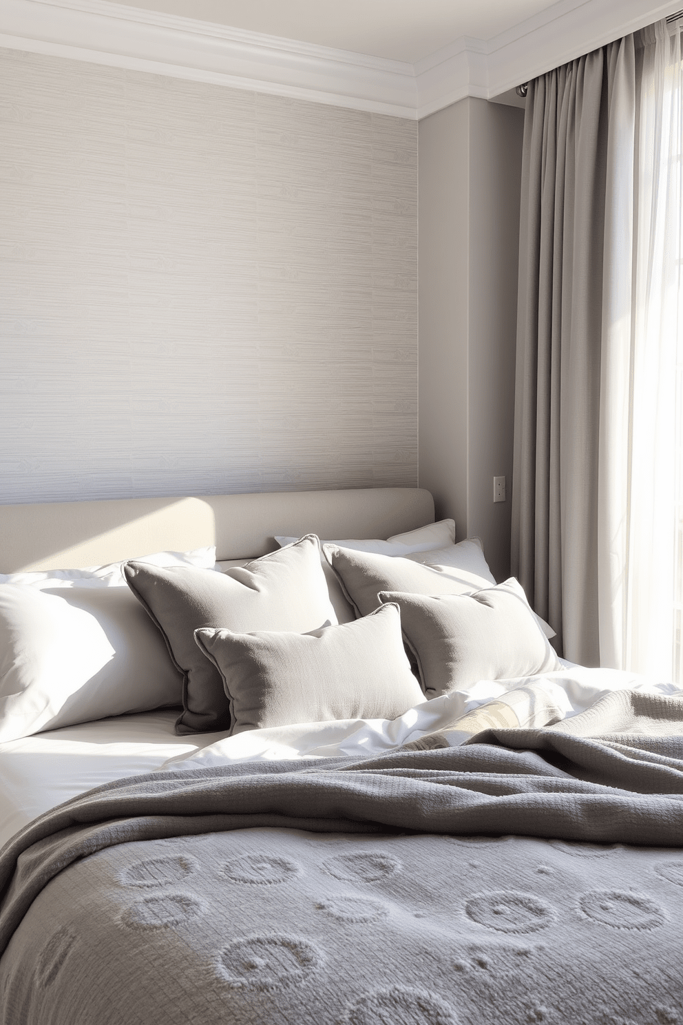 A serene bedroom setting featuring soft gray tones that promote relaxation. The accent wall showcases a textured wallpaper with subtle geometric patterns, enhancing the tranquil atmosphere. The bedding is layered with plush gray blankets and decorative pillows in varying shades of gray. Natural light filters through sheer curtains, illuminating the space and creating a cozy retreat.