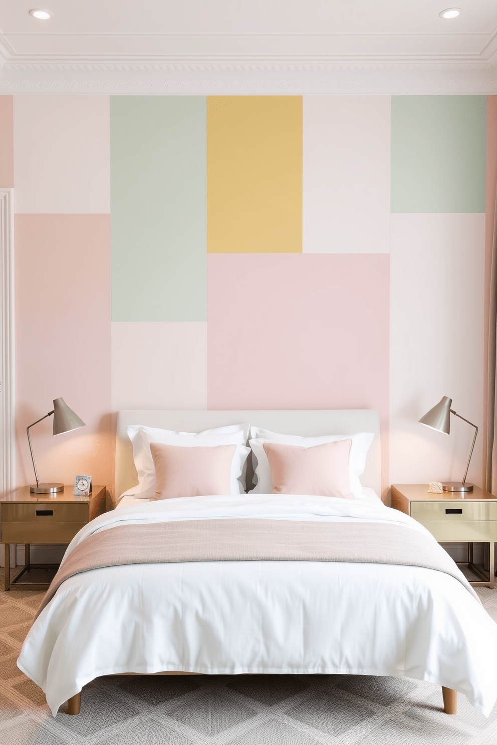 A serene bedroom featuring a pastel colored block painting accent wall that adds a soft and calming touch to the space. The wall is adorned with large blocks of pale pink, mint green, and soft yellow, creating a harmonious backdrop for the room's furnishings. The bed is centered against the accent wall, dressed in crisp white linens and fluffy pastel pillows. Flanking the bed are modern nightstands with elegant lamps that complement the gentle color palette of the room.