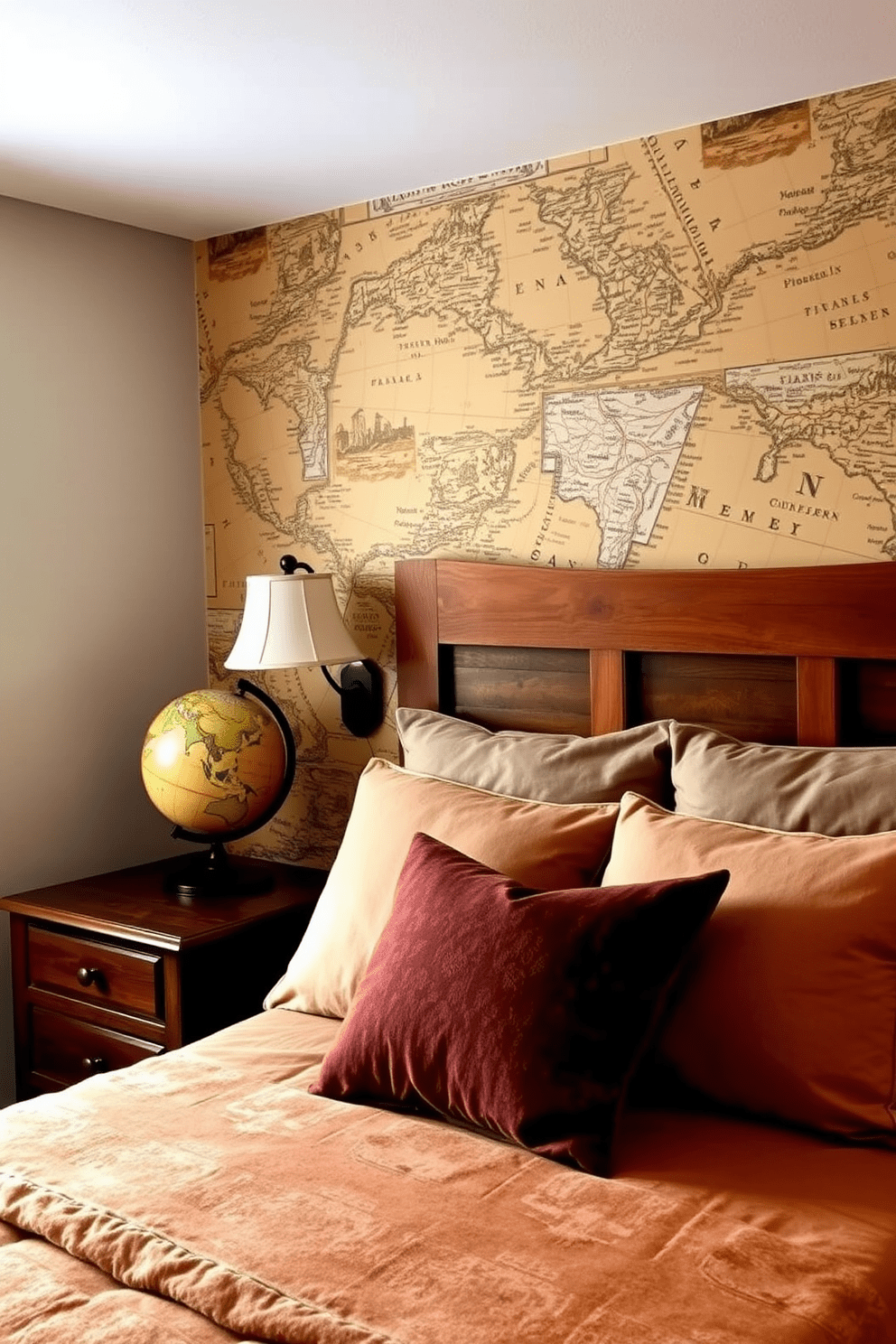 A cozy bedroom featuring an accent wall adorned with vintage map wallpaper that evokes a sense of adventure. The bed is dressed in earthy tones with plush pillows, and a vintage globe sits on a wooden nightstand beside it. A rustic wooden headboard complements the map wallpaper, creating a charming focal point. Soft lighting from bedside lamps casts a warm glow, enhancing the inviting atmosphere of the space.