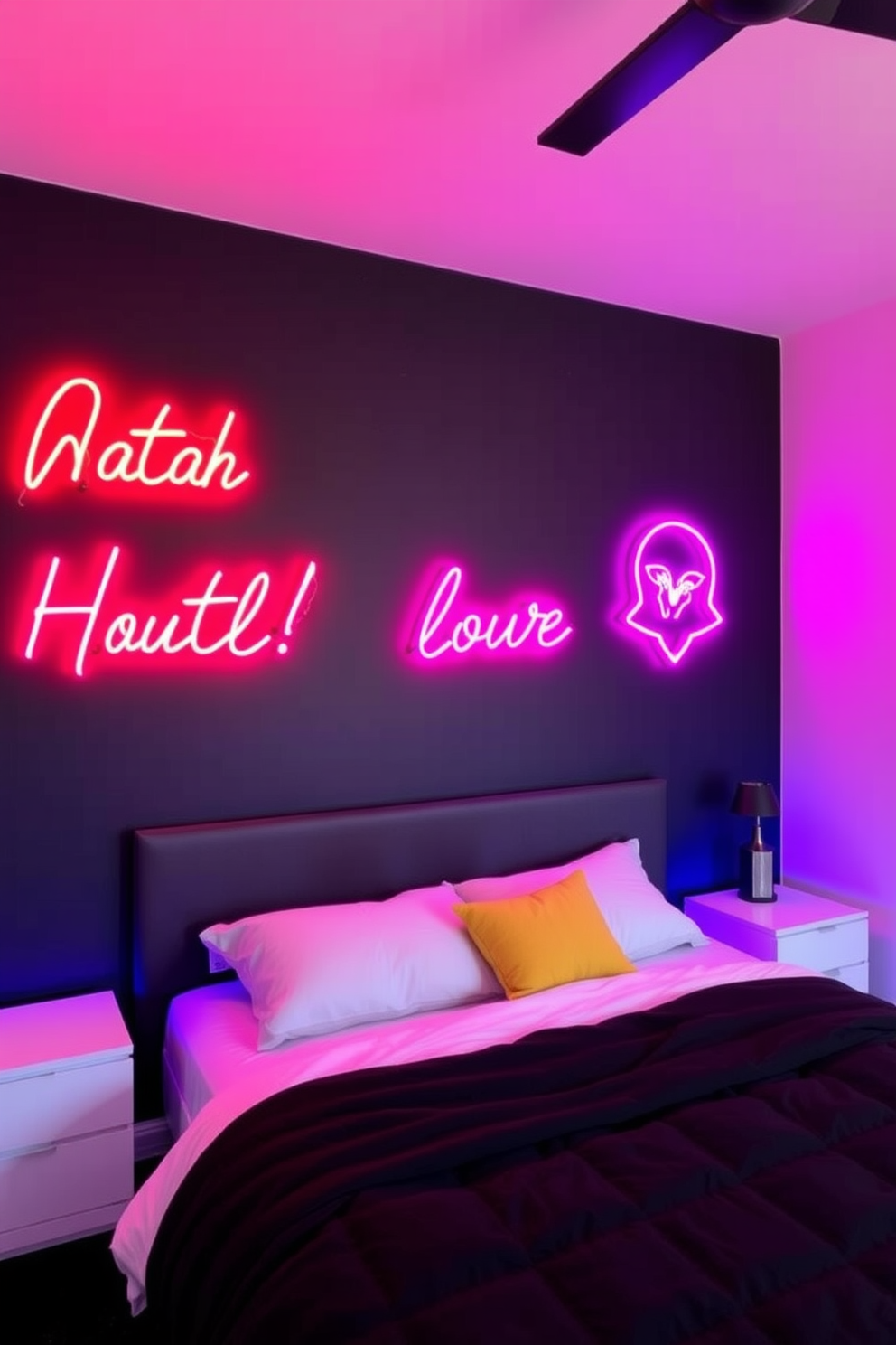 A bold black accent wall creates a striking backdrop for a modern bedroom. Neon signs in vibrant colors add a playful and energetic touch, enhancing the overall aesthetic. The combination of dark tones with bright neon elements brings a contemporary edge to the space. This design choice not only serves as a focal point but also reflects personal style and creativity.