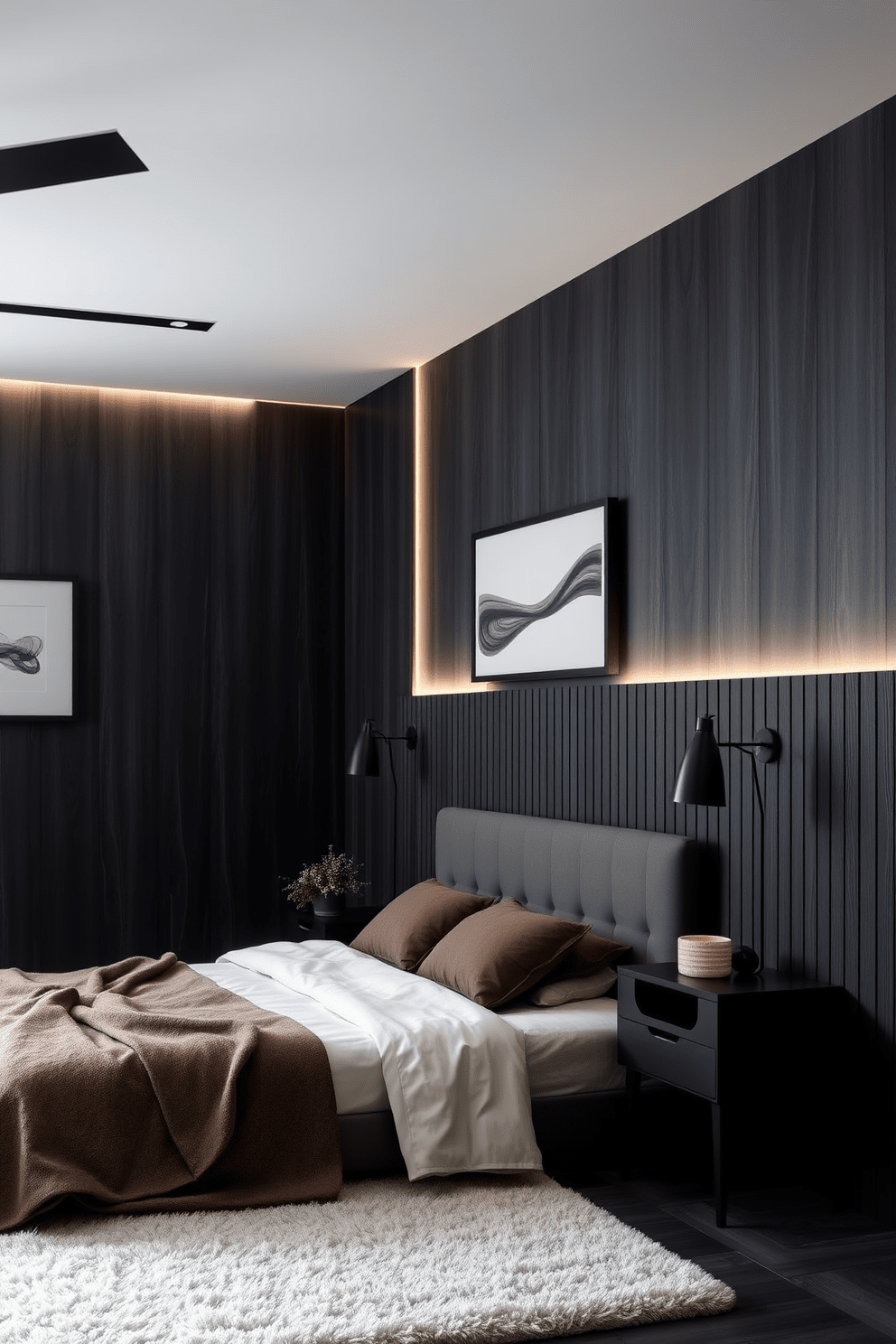 Sleek modern paneling in dark tones creates a dramatic and inviting atmosphere in the bedroom. The accent wall features vertical wood slats in deep charcoal, complemented by soft ambient lighting that highlights the texture and depth of the materials. To enhance the modern aesthetic, incorporate minimalist artwork and a streamlined headboard that matches the paneling. A plush area rug in a lighter shade adds warmth and contrast, grounding the space while maintaining the sleek design.