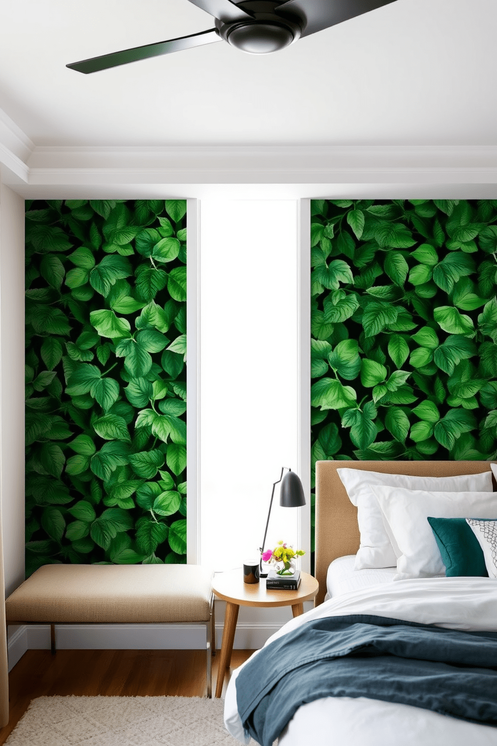 Nature inspired wallpaper with lush green leaves creates a serene atmosphere in the bedroom. The accent wall serves as a stunning focal point, enhancing the overall tranquility of the space.