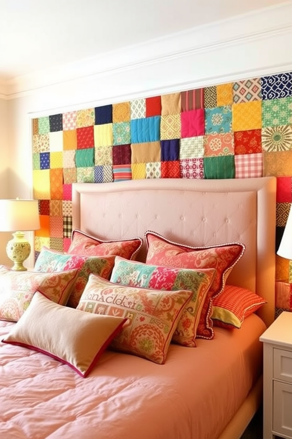 A vibrant bedroom featuring a colorful patchwork quilted accent wall that adds warmth and character to the space. The quilt is made up of various fabric patterns and textures, creating a cozy and inviting atmosphere. The bed is adorned with matching colorful pillows that complement the quilted wall. Soft lighting from bedside lamps enhances the overall charm and comfort of the room.