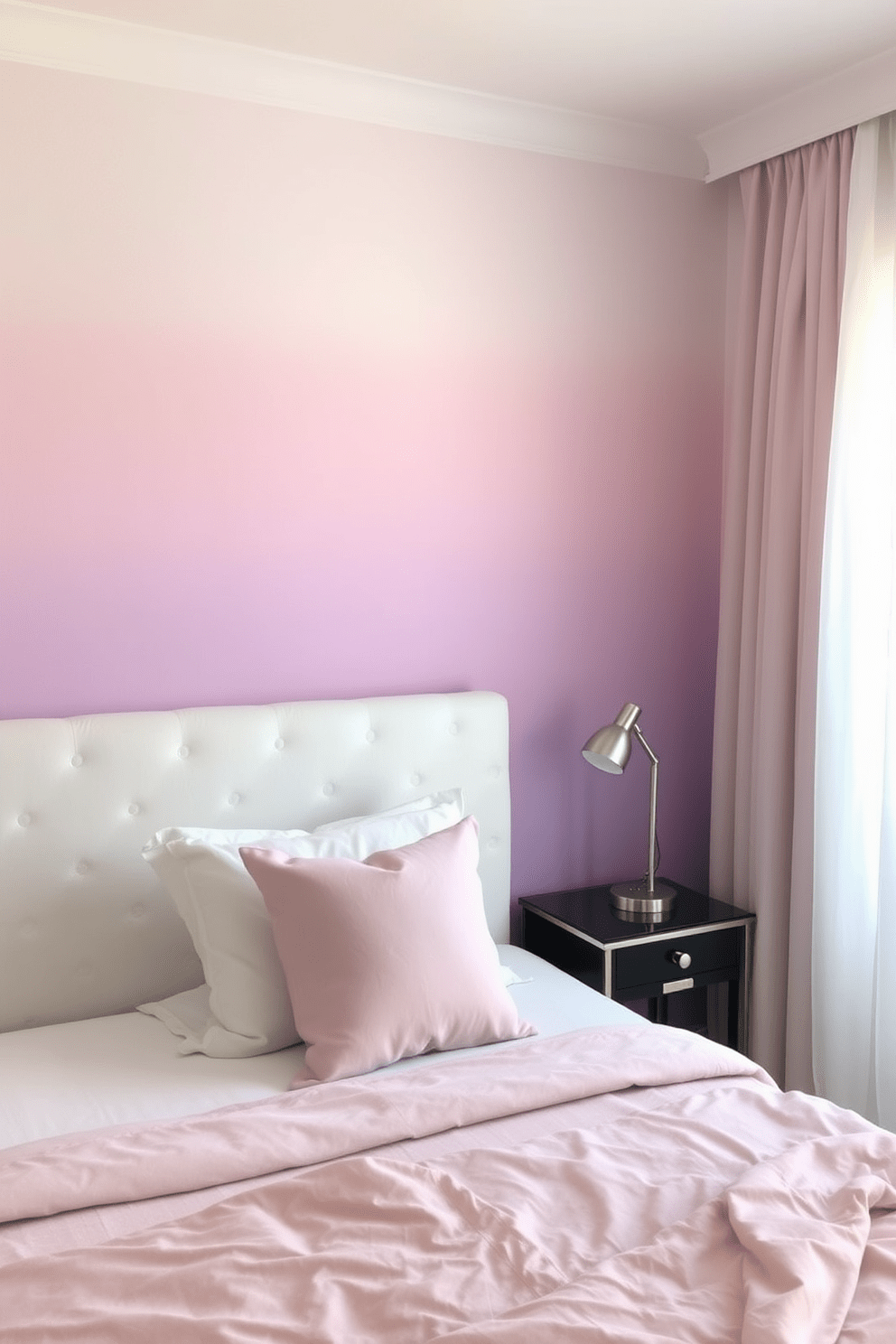 A serene bedroom with a soft pastel ombre effect accent wall that transitions smoothly from light pink at the top to a gentle lavender at the bottom. The wall is complemented by a plush white headboard and delicate sheer curtains that filter the morning light. The room features a cozy bed adorned with fluffy pillows in coordinating pastel shades. A stylish nightstand with a modern lamp sits beside the bed, adding a touch of elegance to the tranquil atmosphere.